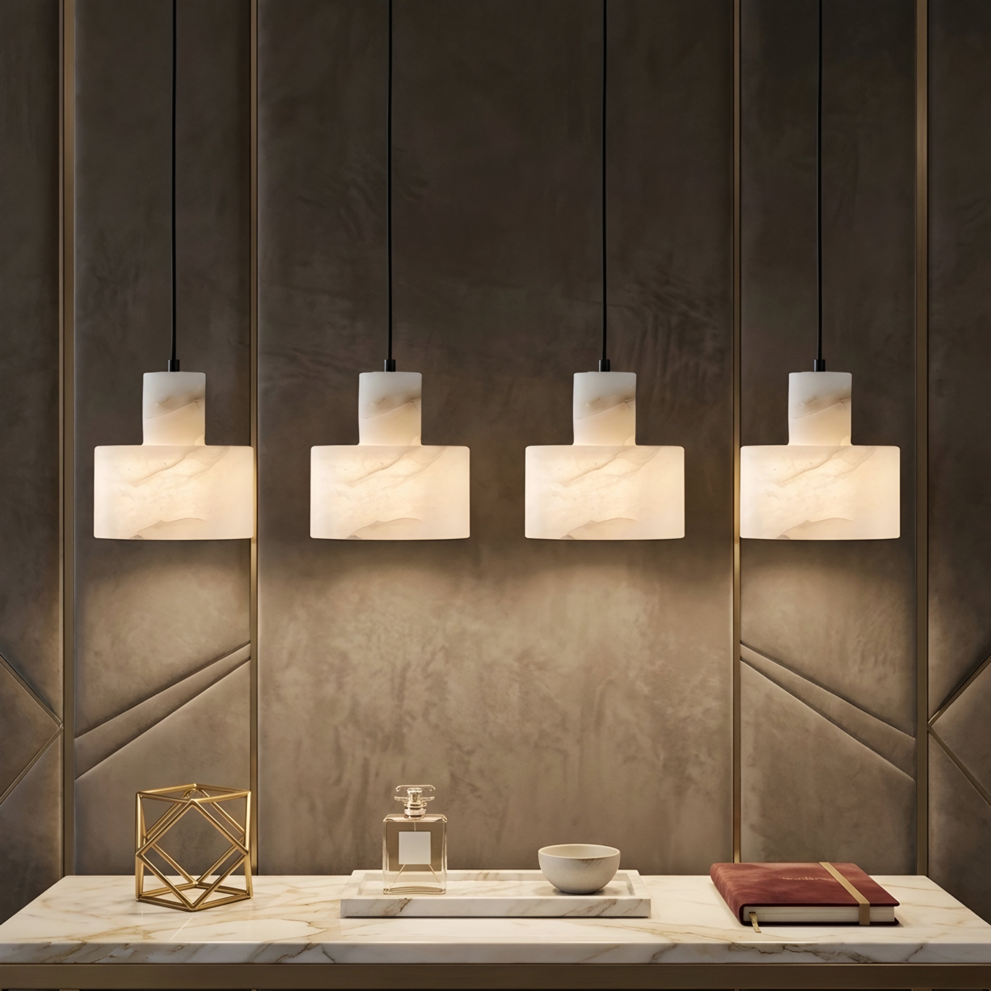 Strato Alabaster Pendant Light – LED Drum Shade Hanging Ceiling Kitchen Island Dining Room Decorative Lighting