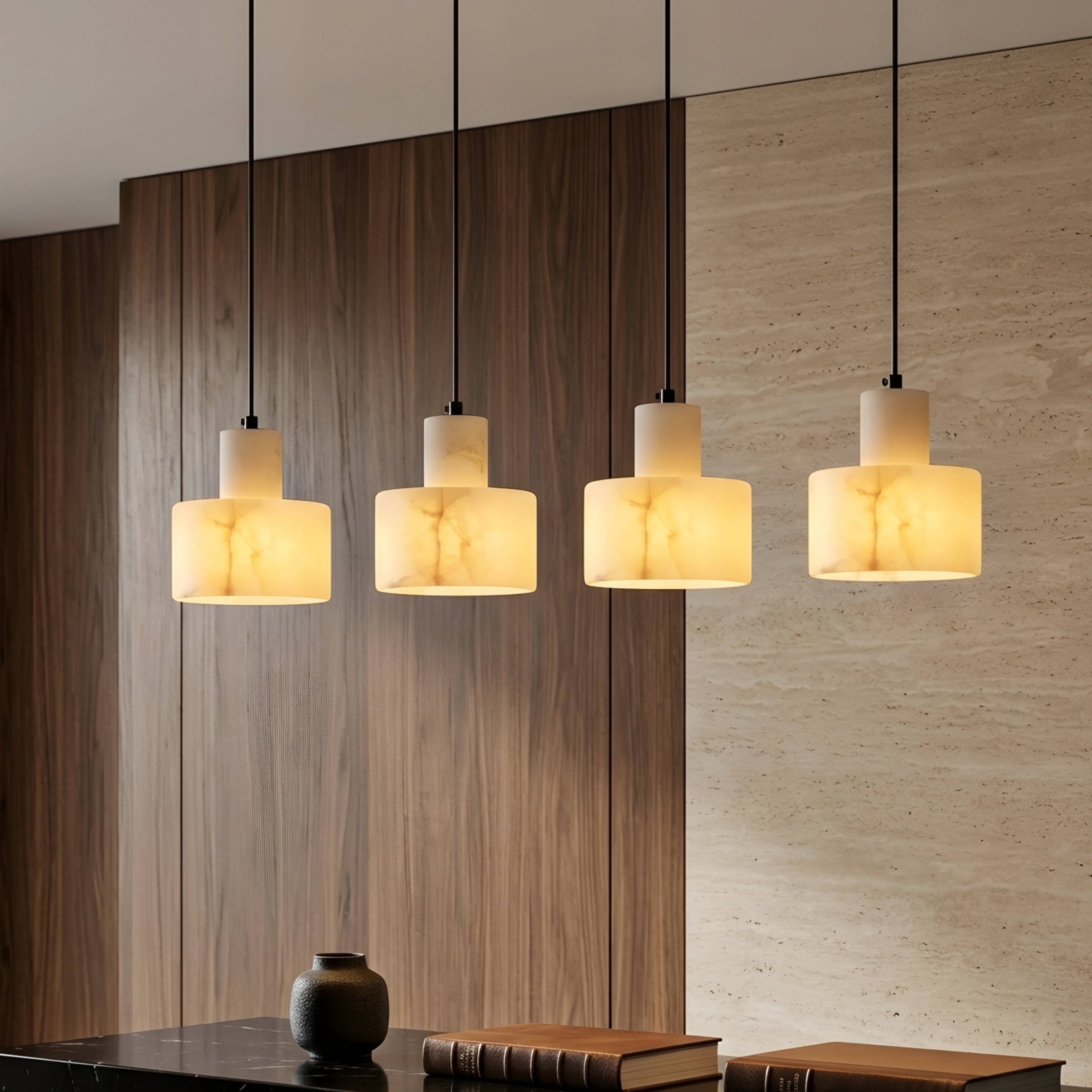 Strato Alabaster Pendant Light – LED Drum Shade Hanging Ceiling Kitchen Island Dining Room Decorative Lighting