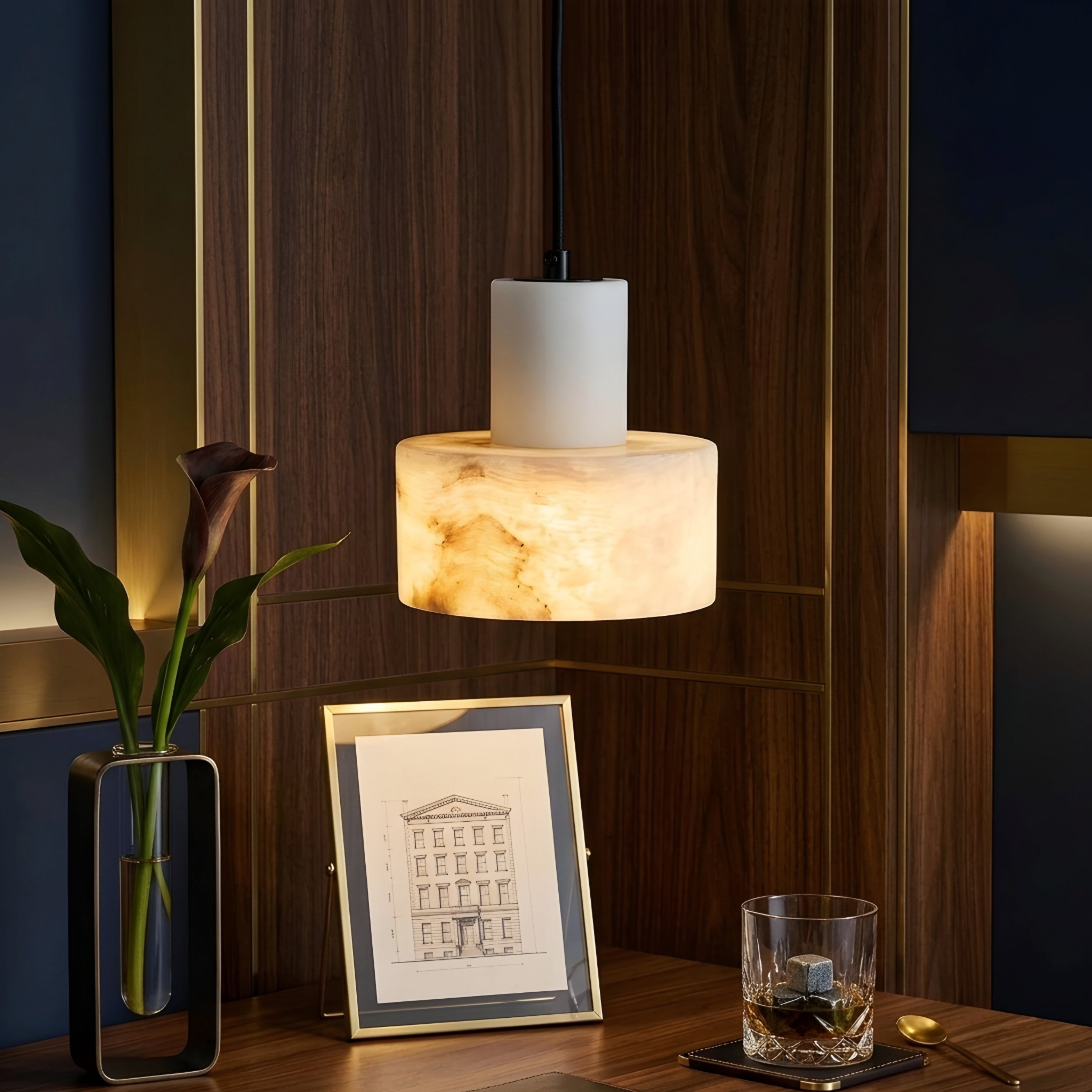 Strato Alabaster Pendant Light – LED Drum Shade Hanging Ceiling Kitchen Island Dining Room Decorative Lighting