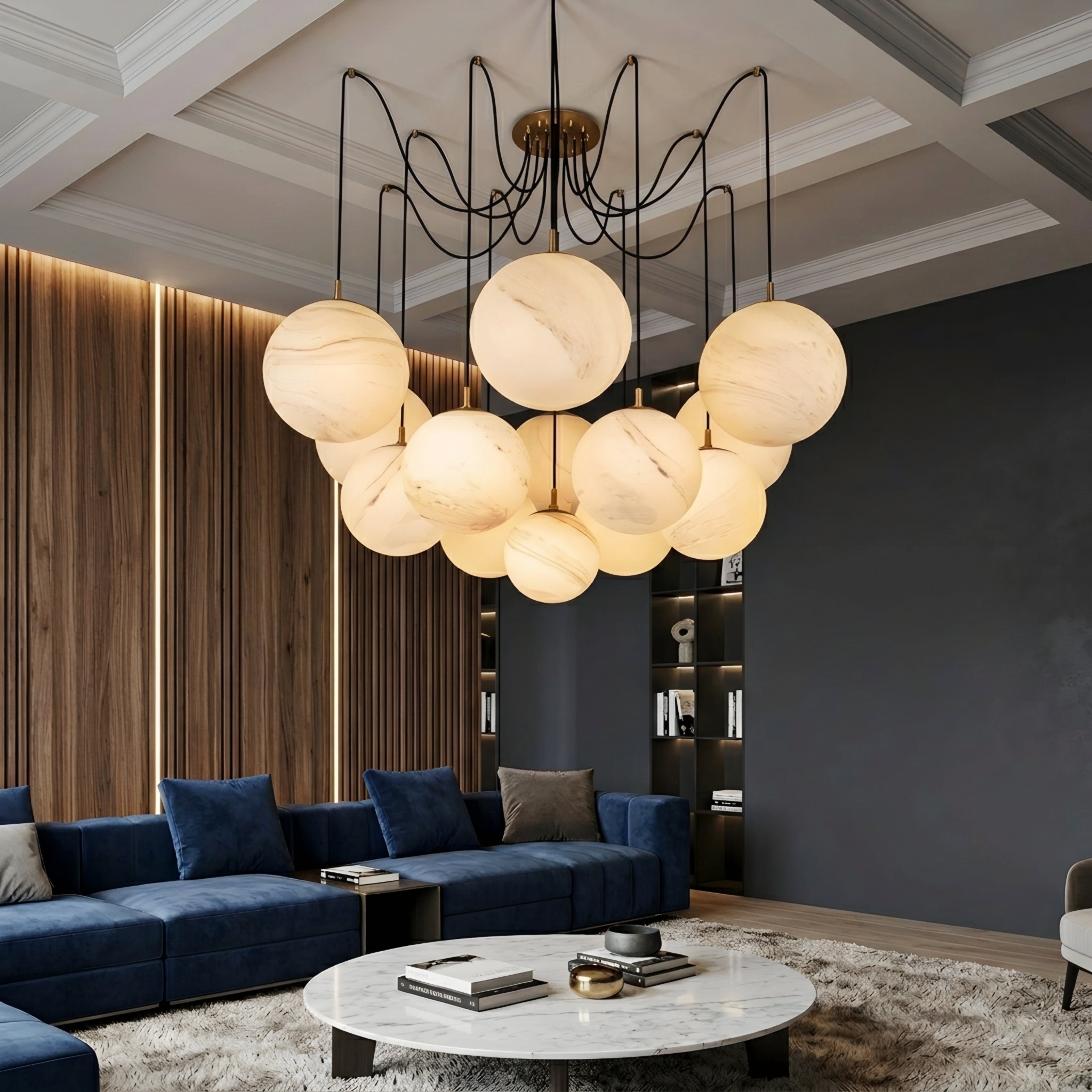 Celestri Sphere Chandelier – Multi Globe Pendant Light Brass Adjustable Cable Dining Room Living Room
