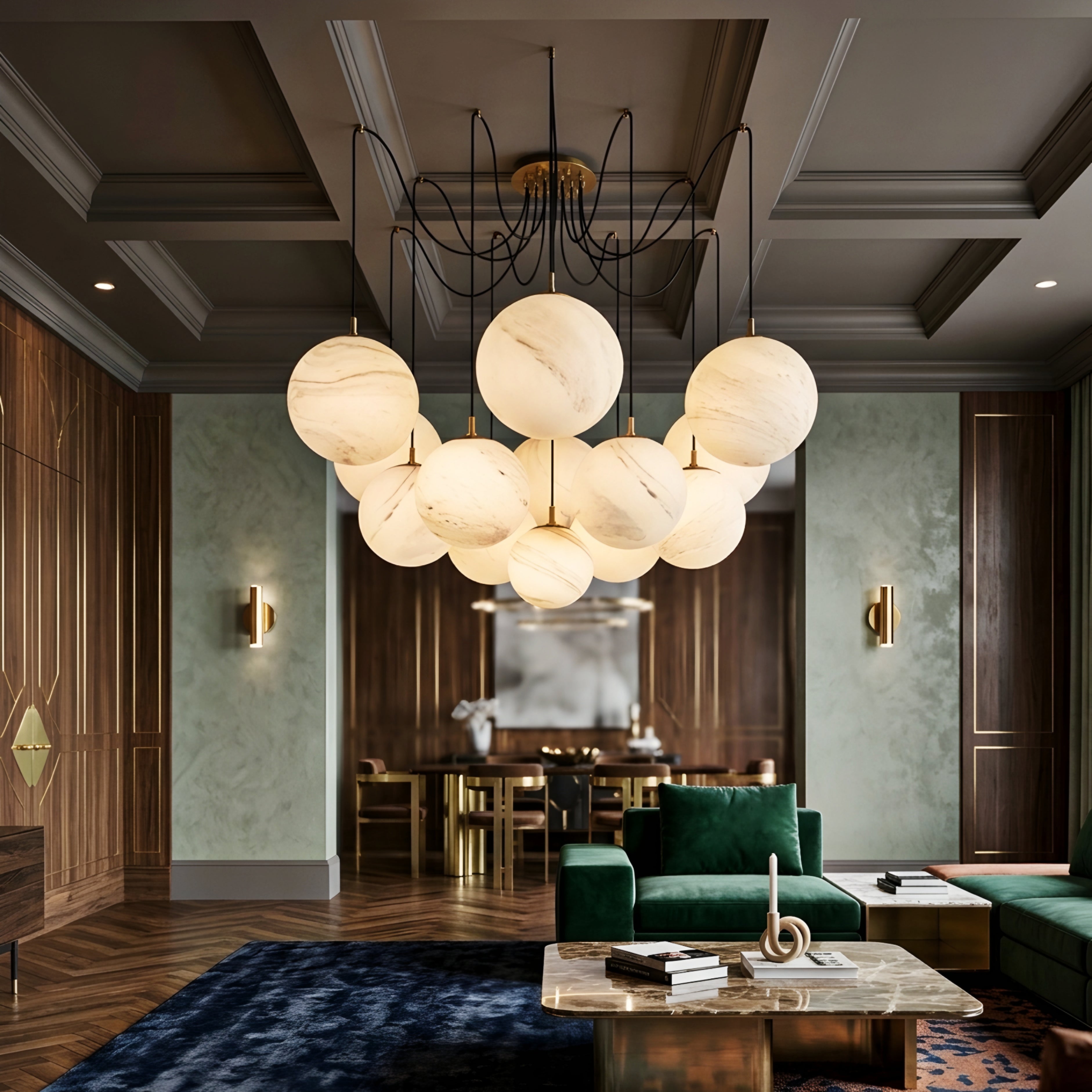 Celestri Sphere Chandelier – Multi Globe Pendant Light Brass Adjustable Cable Dining Room Living Room