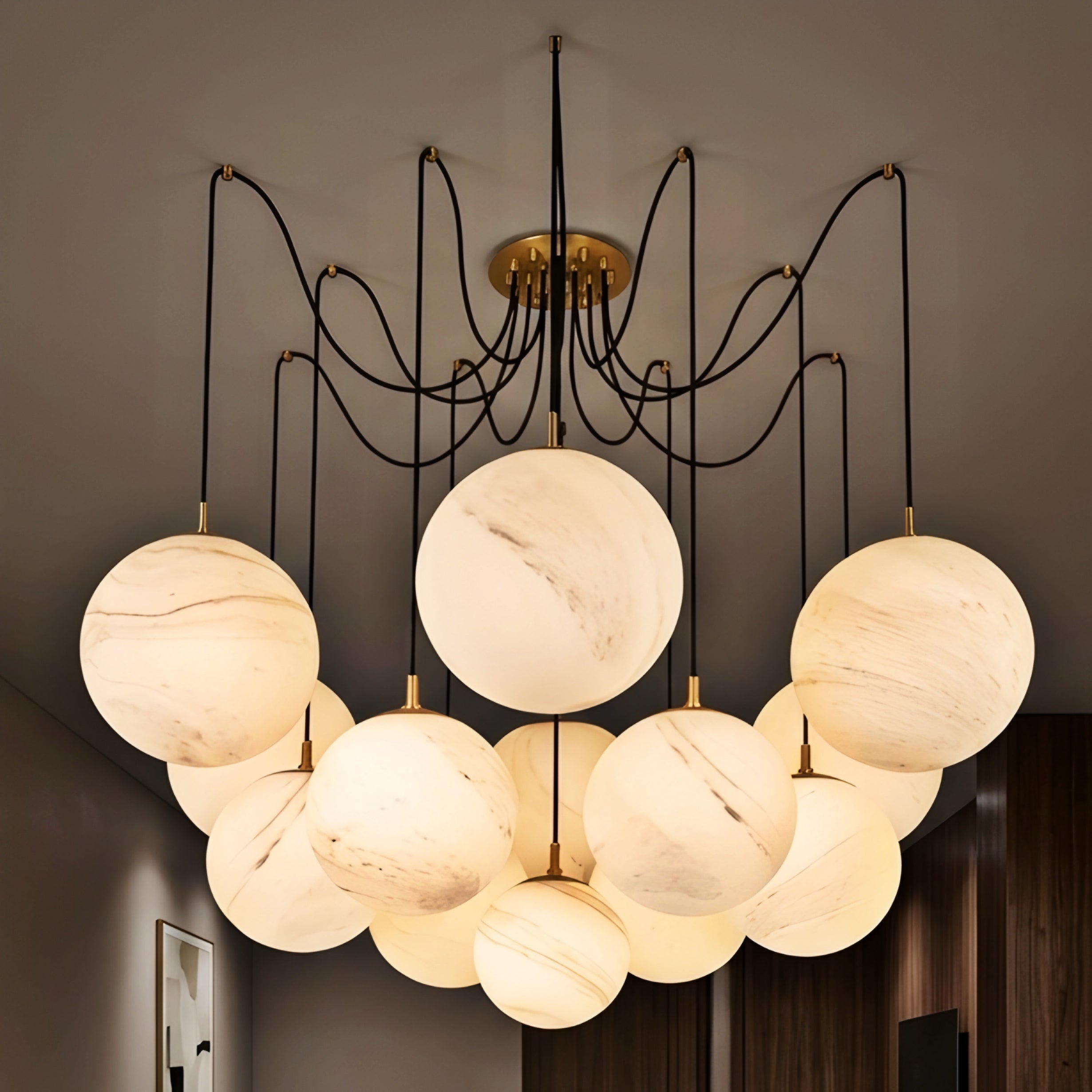 Celestri Sphere Chandelier – Multi Globe Pendant Light Brass Adjustable Cable Dining Room Living Room