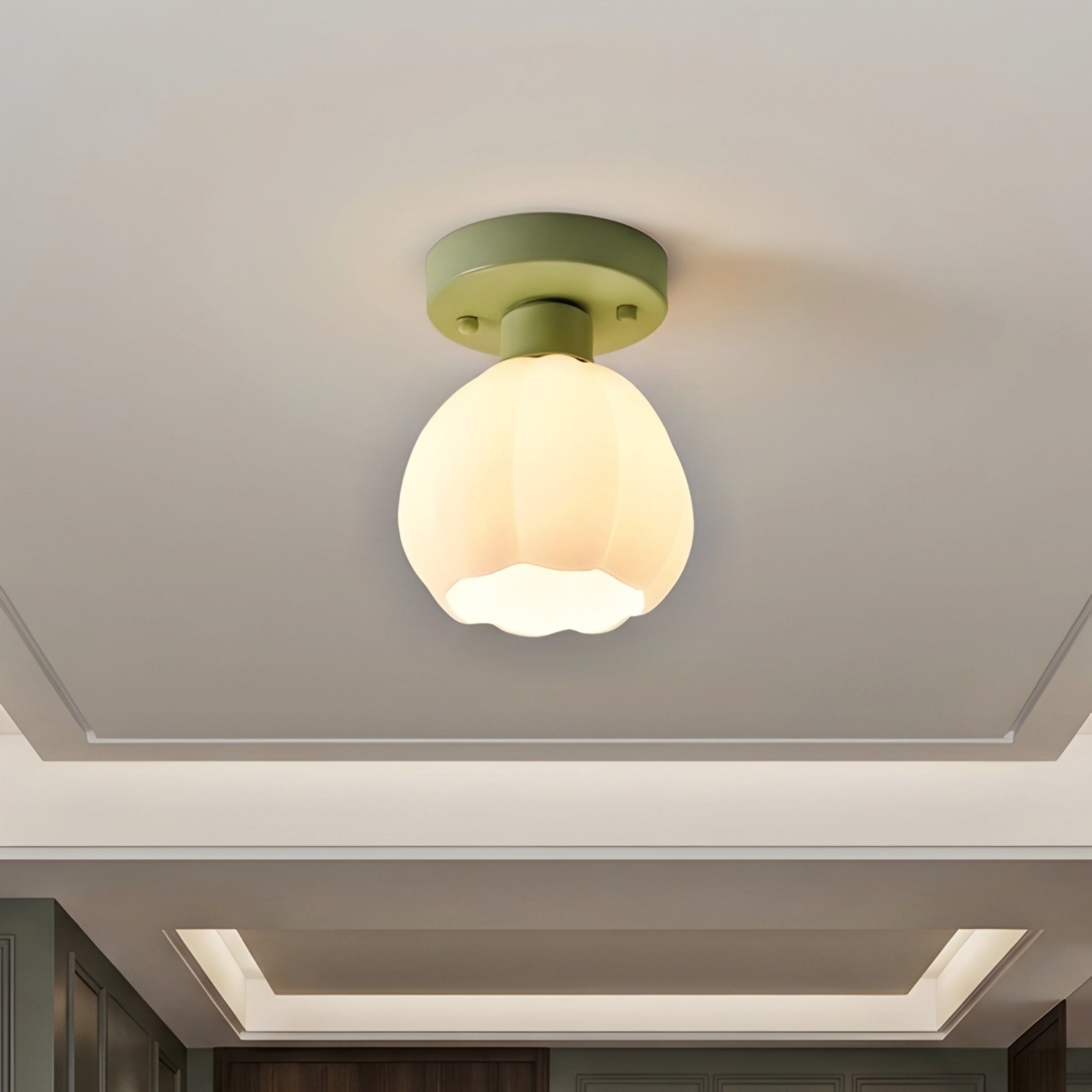 Petalia Flush Mount Ceiling Light – Modern Frosted Glass Shade Green Base Decorative Lighting Bedroom Kitchen