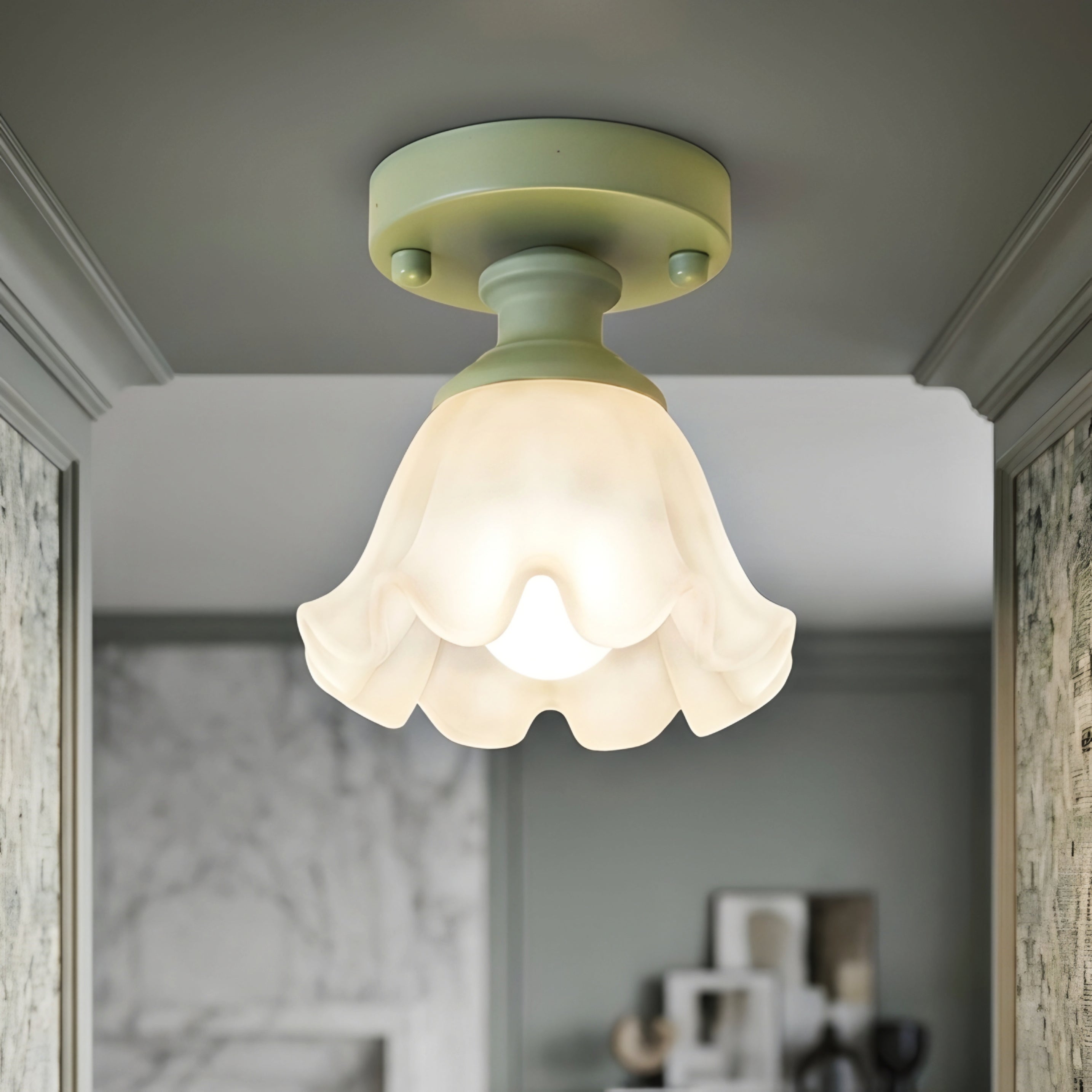 Petalia Flush Mount Ceiling Light – Modern Frosted Glass Shade Green Base Decorative Lighting Bedroom Kitchen