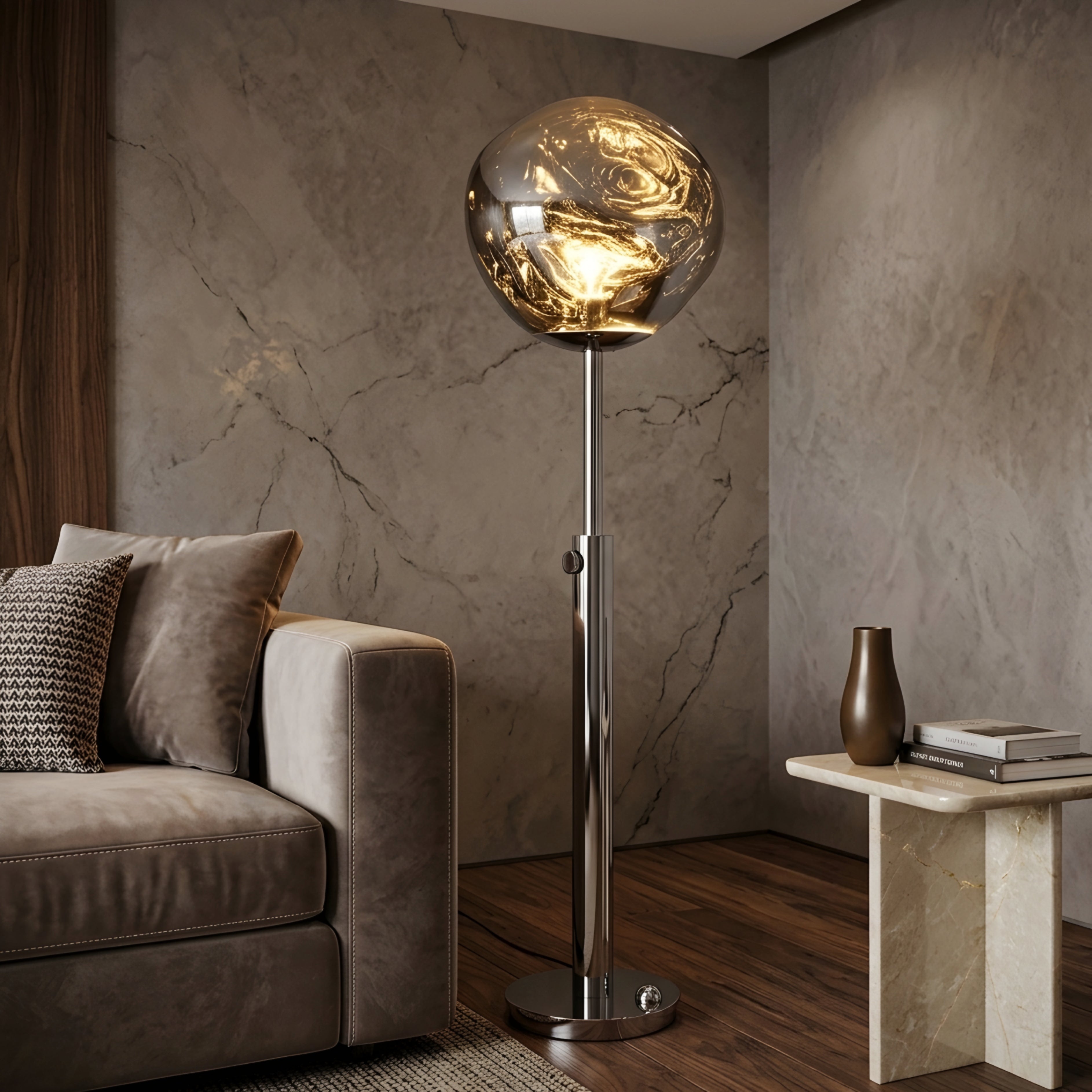 Orben Glass Floor Lamp – Modern Living Room Standing Light Adjustable Chrome Bedroom Decorative Lighting