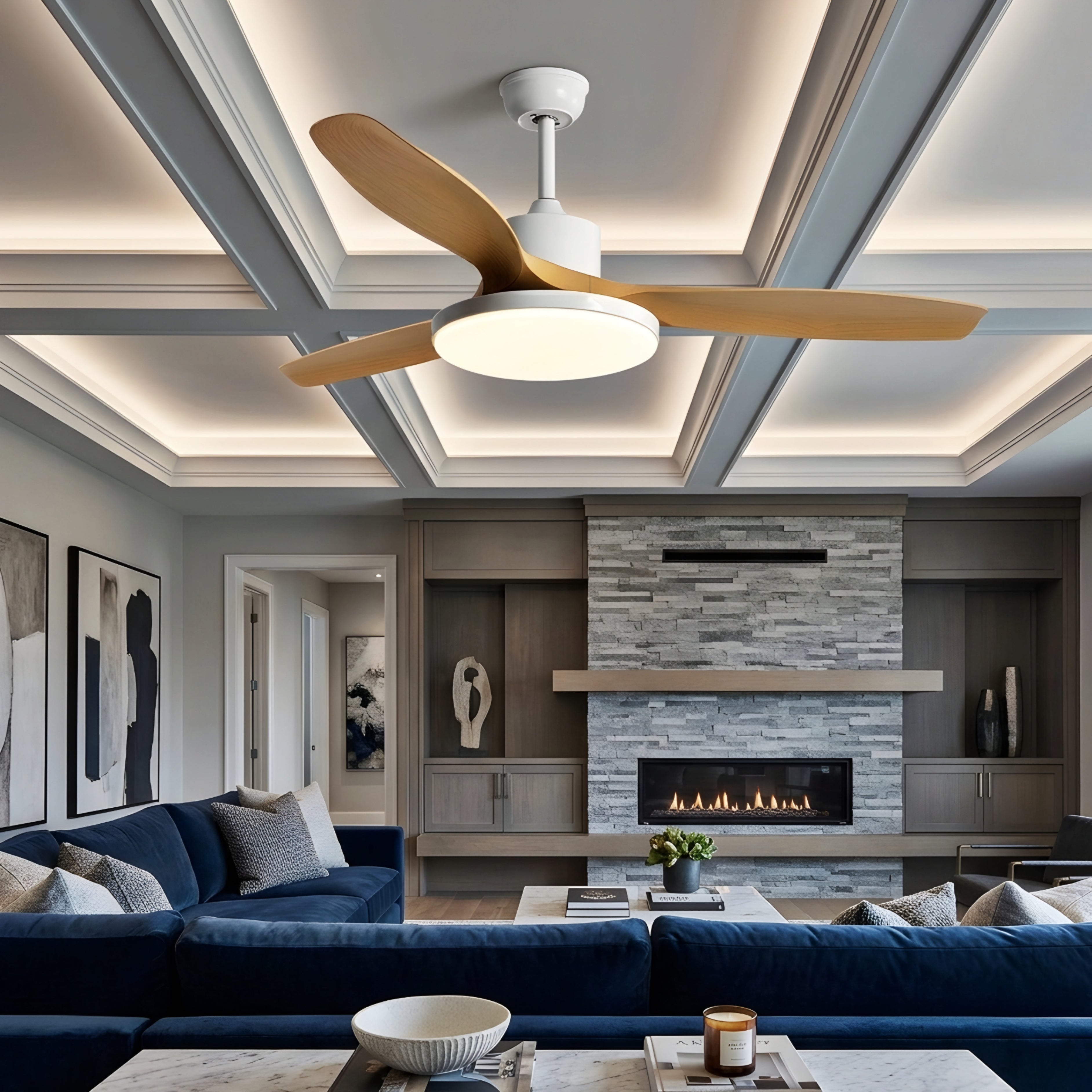 Breckton Ceiling Fan Light – Modern Wood Blade LED Living Room Bedroom Decorative Lighting Fixture Green