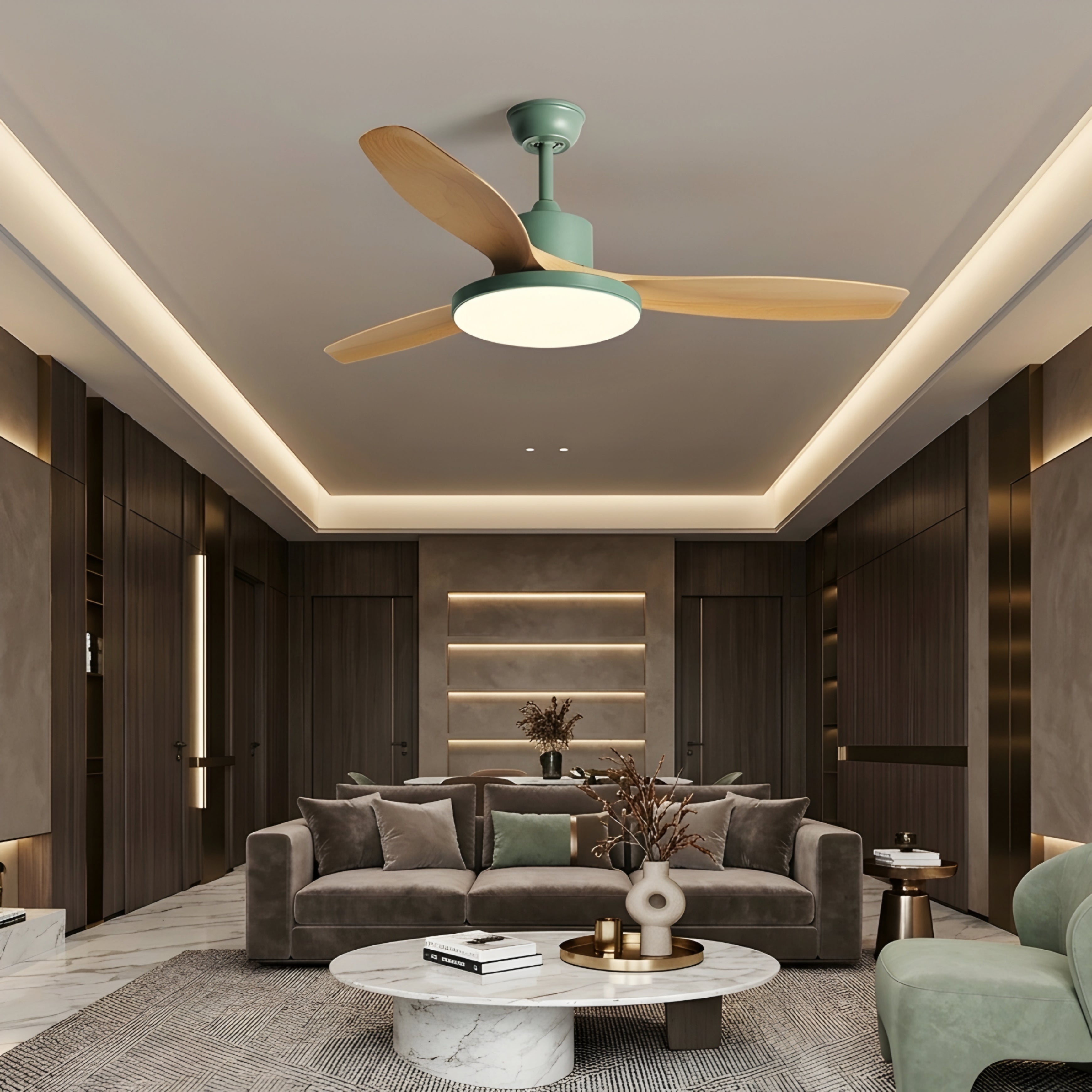 Breckton Ceiling Fan Light – Modern Wood Blade LED Living Room Bedroom Decorative Lighting Fixture Green