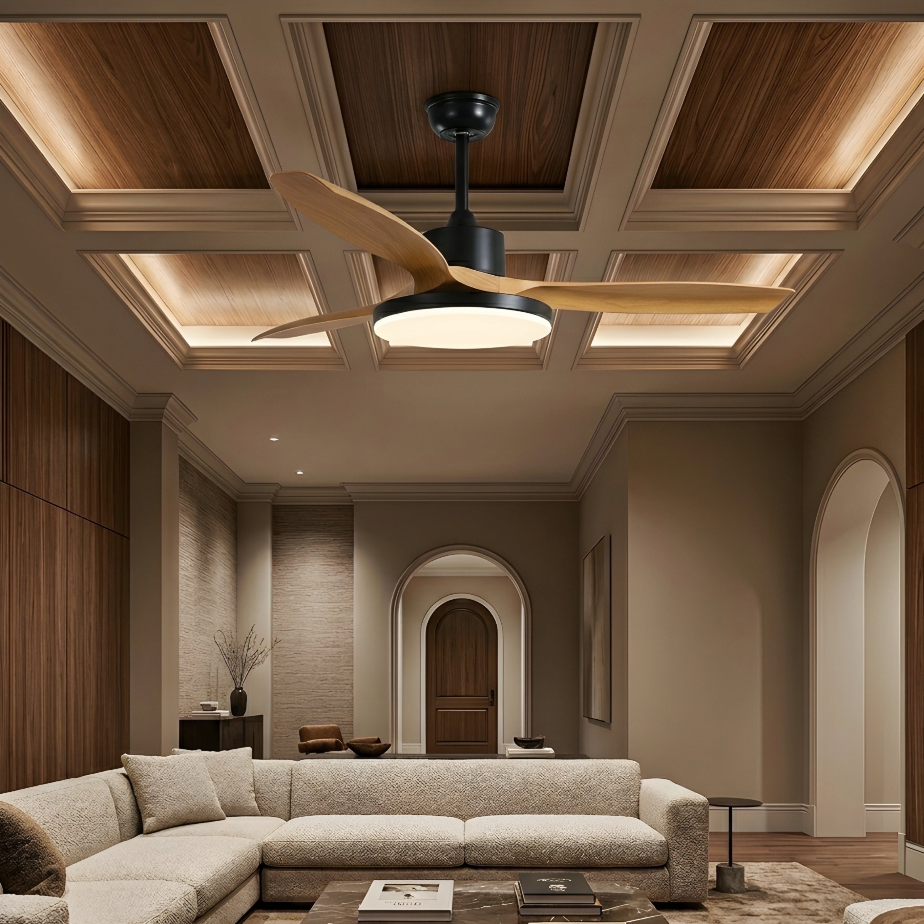 Breckton Ceiling Fan Light – Modern Wood Blade LED Living Room Bedroom Decorative Lighting Fixture Green