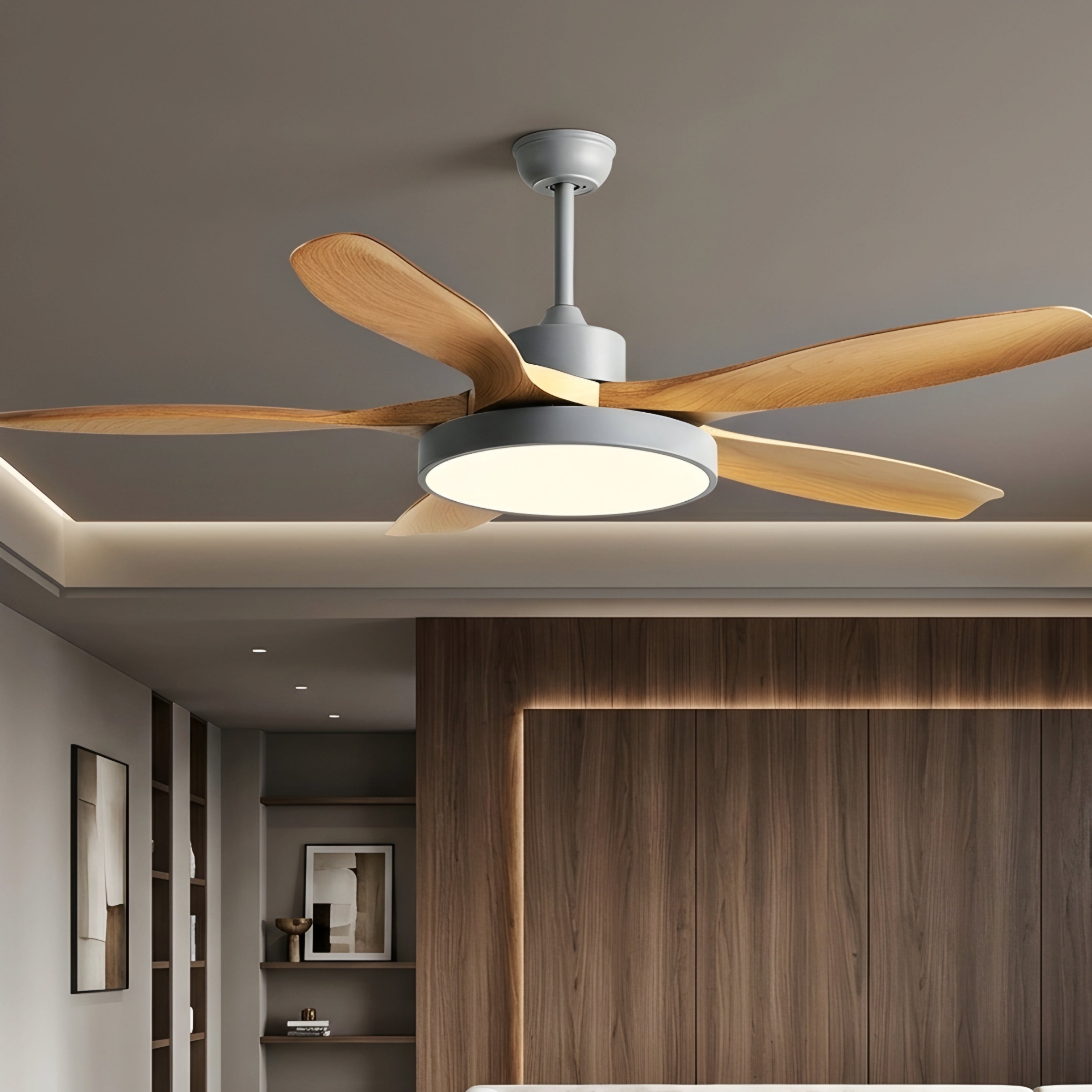 Breckton Ceiling Fan Light – Modern Wood Blade LED Living Room Bedroom Decorative Lighting Fixture Green