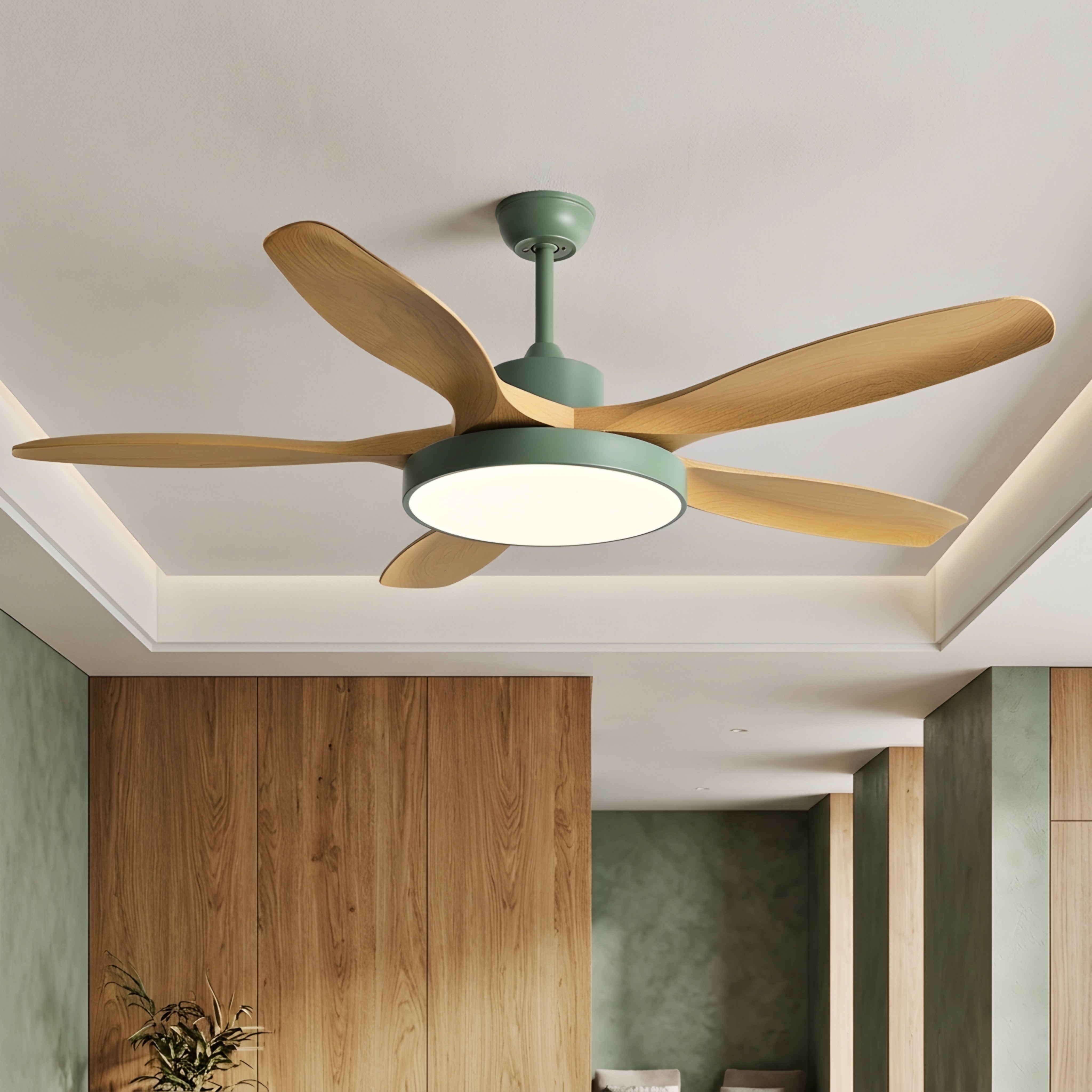 Breckton Ceiling Fan Light – Modern Wood Blade LED Living Room Bedroom Decorative Lighting Fixture Green