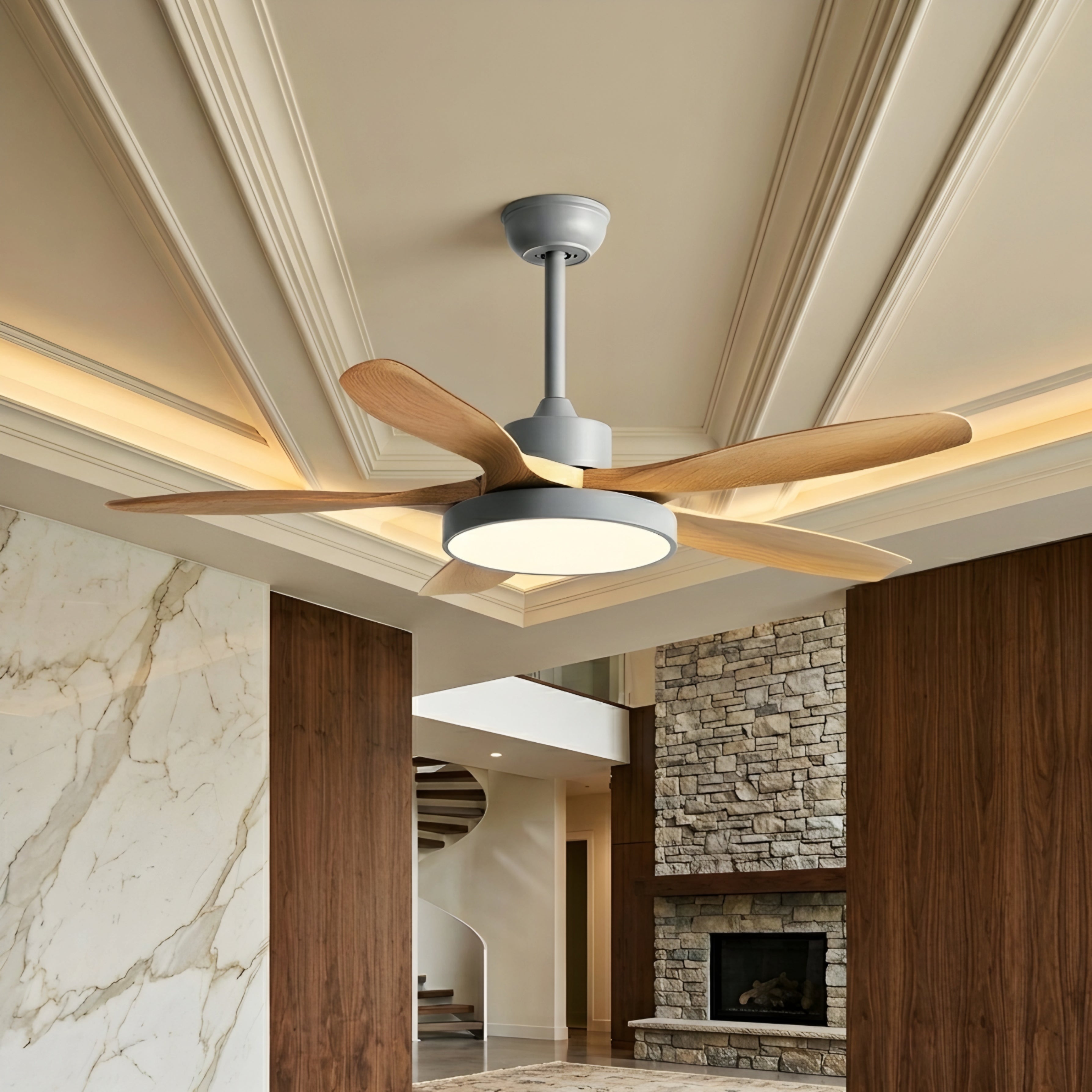 Breckton Ceiling Fan Light – Modern Wood Blade LED Living Room Bedroom Decorative Lighting Fixture Green