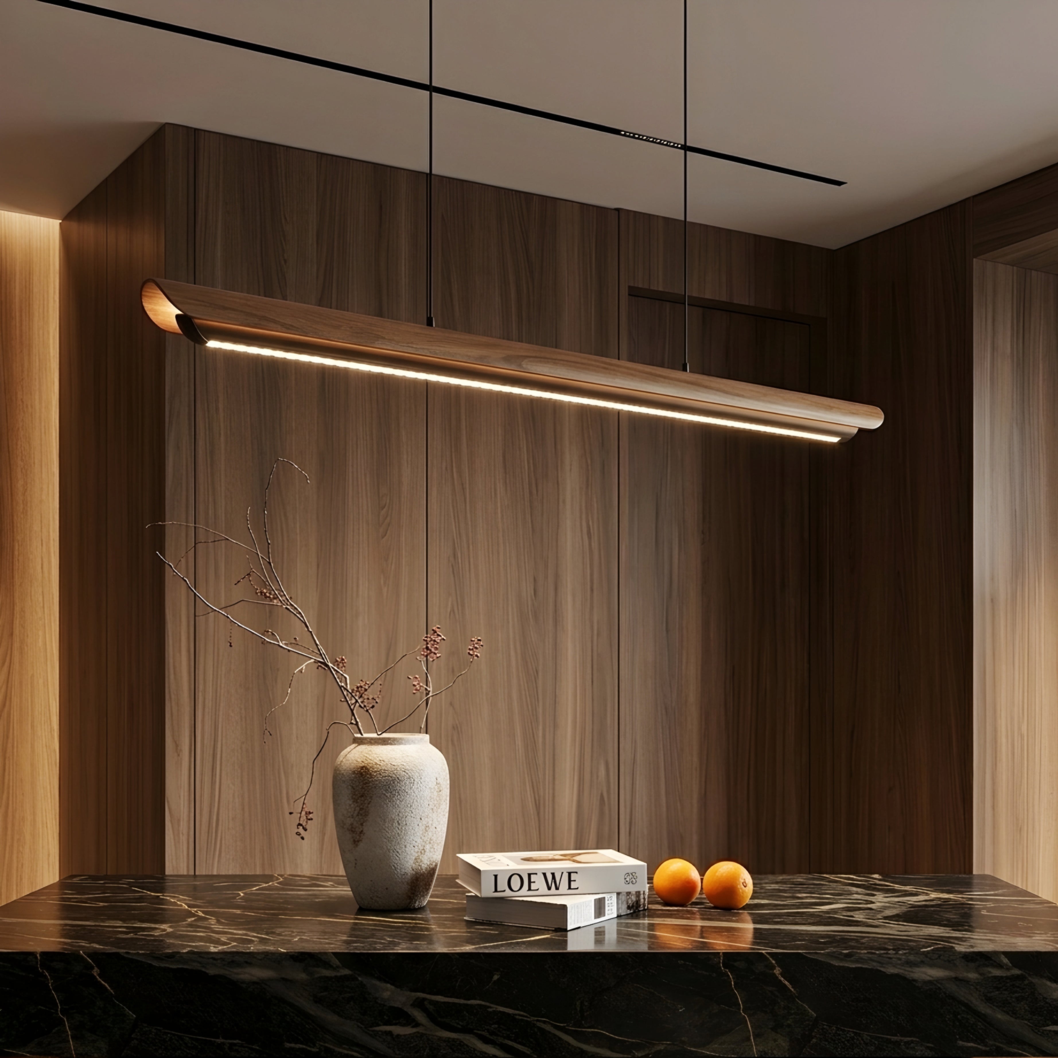 Strato Linear Pendant Light – LED Wood Minimalist Island Dining Room Kitchen Lighting Fixture
