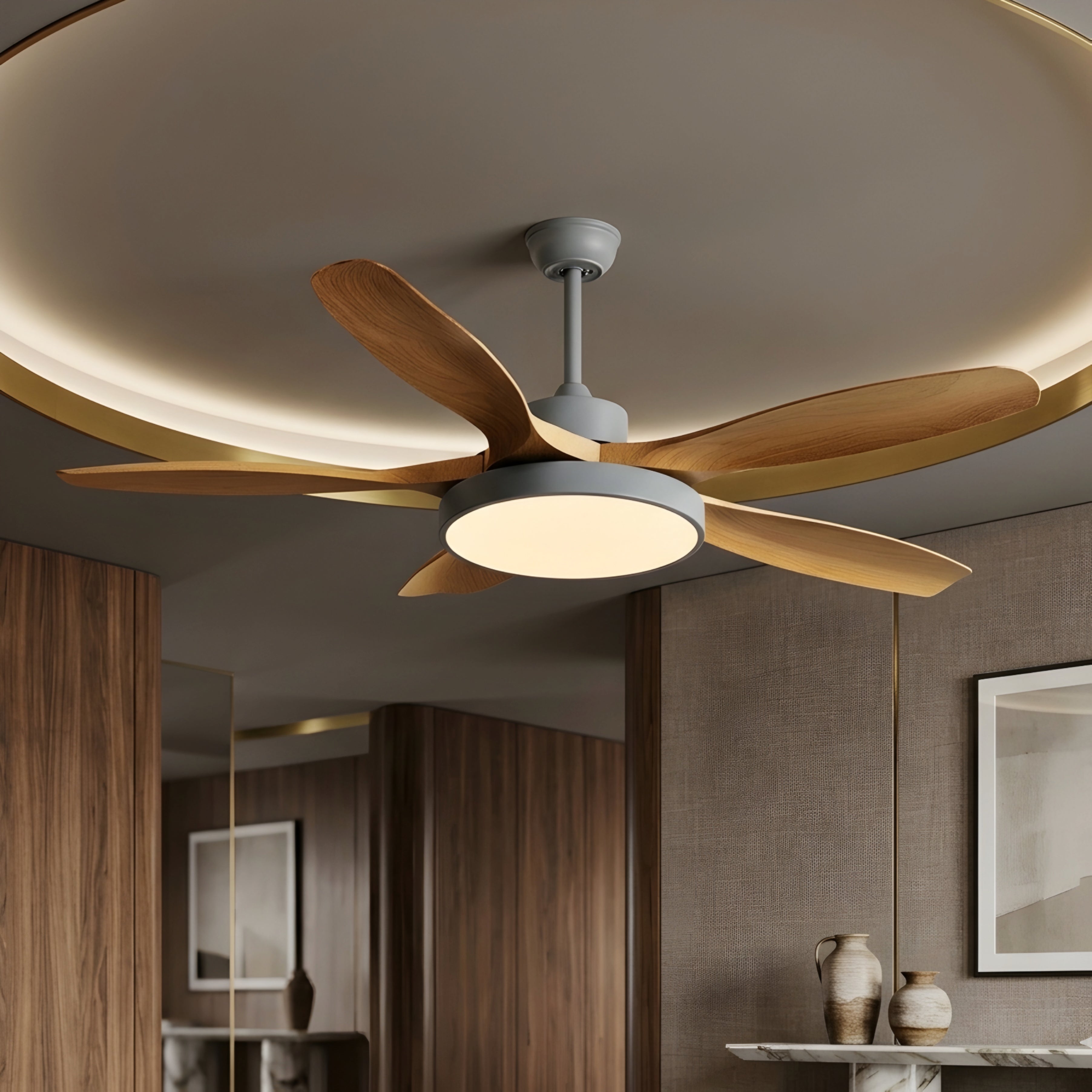 Bryndel Ceiling Fan – Modern Wood Blade Ceiling Fan Light Living Room Bedroom LED Integrated Remote Control
