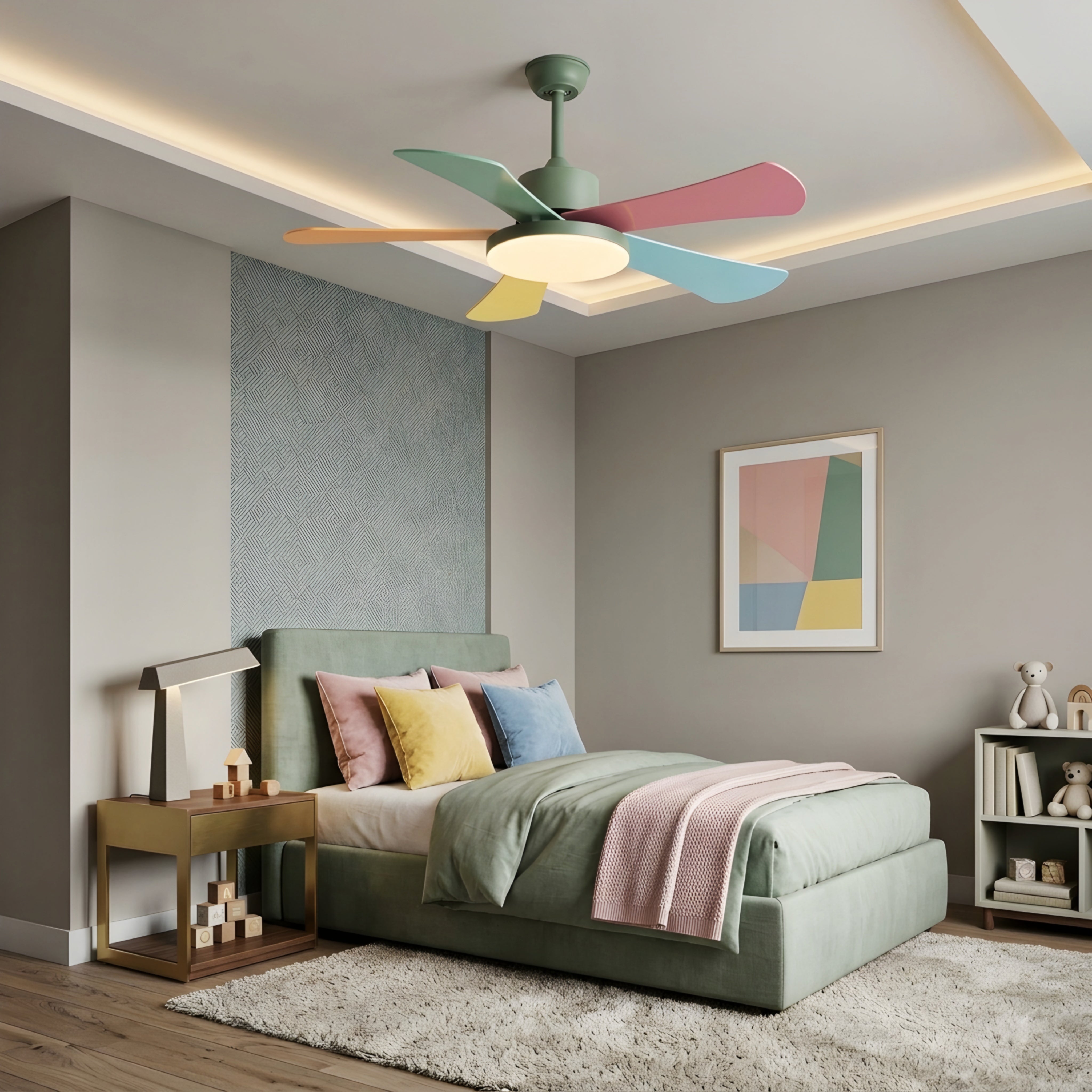 Chromia Pulse Ceiling Fan – Modern Colorful Blades LED Light Bedroom Kids Room Nursery Playroom Decorative Lighting