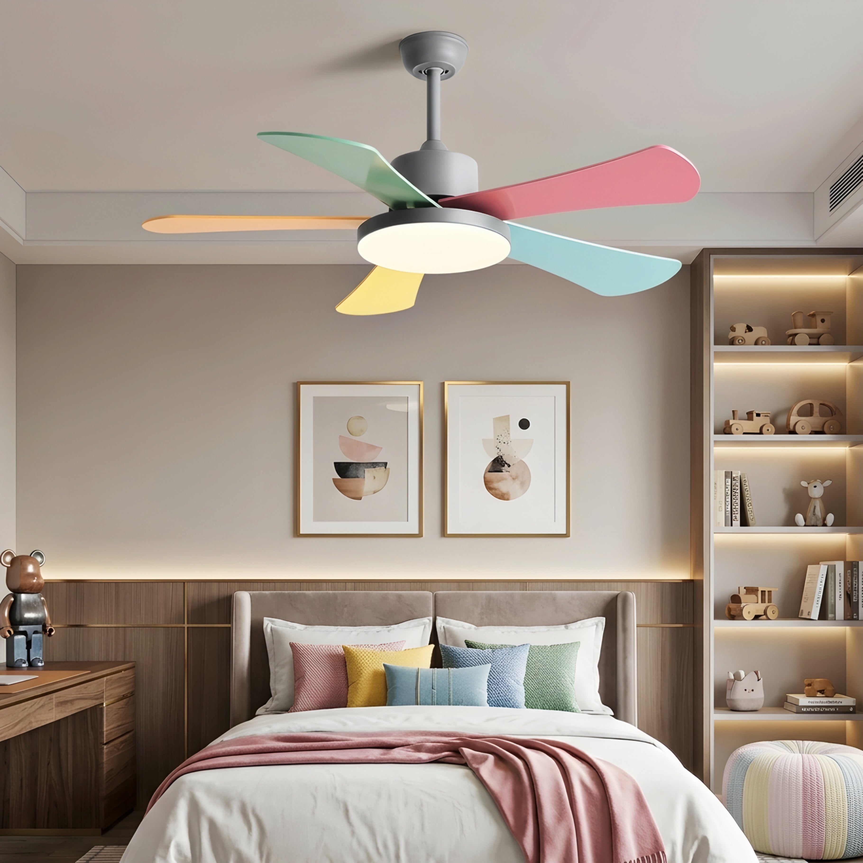 Chromia Pulse Ceiling Fan – Modern Colorful Blades LED Light Bedroom Kids Room Nursery Playroom Decorative Lighting