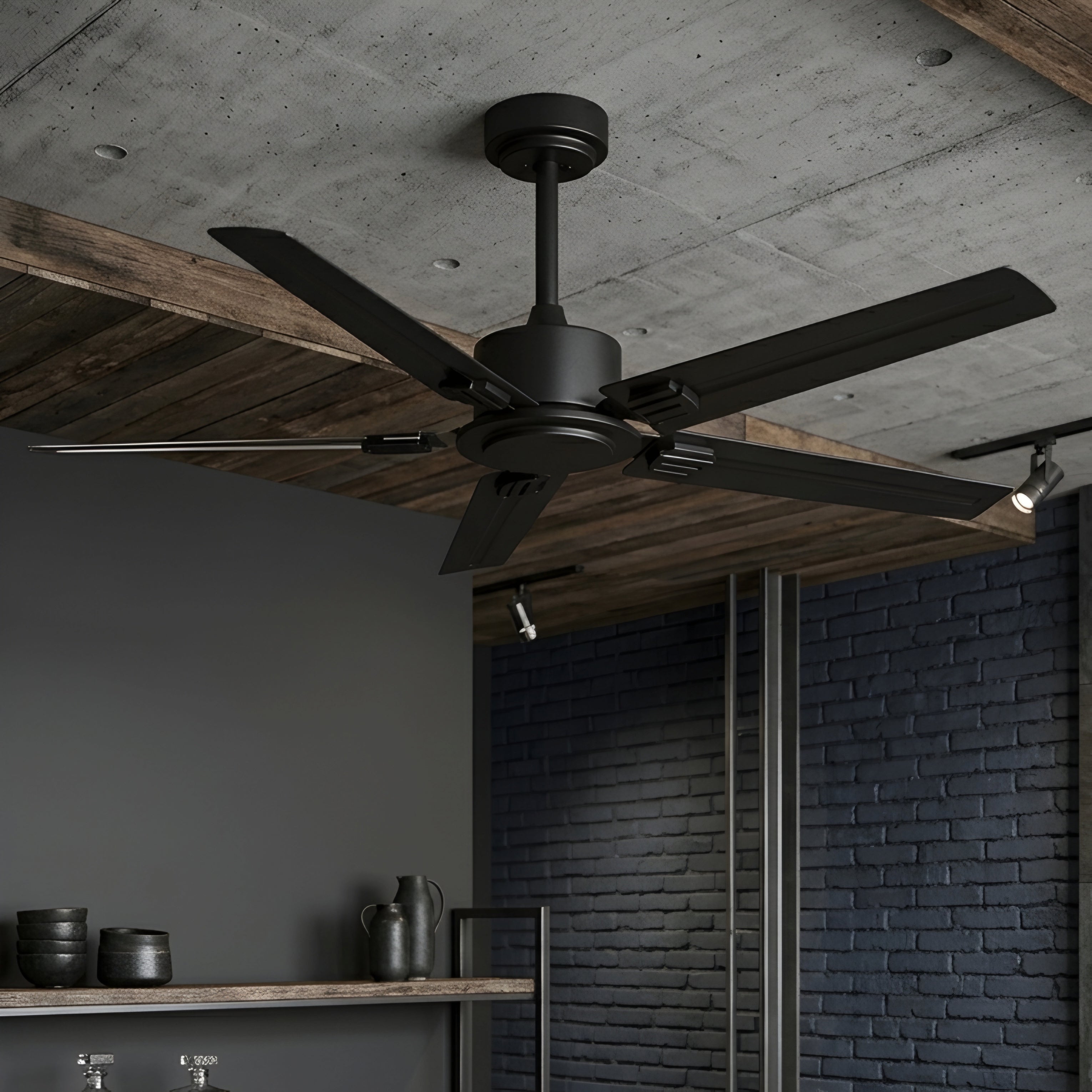 Xylon Industrial Ceiling Fan – Black Metal Five Blade Modern Quiet Downrod Living Room Bedroom