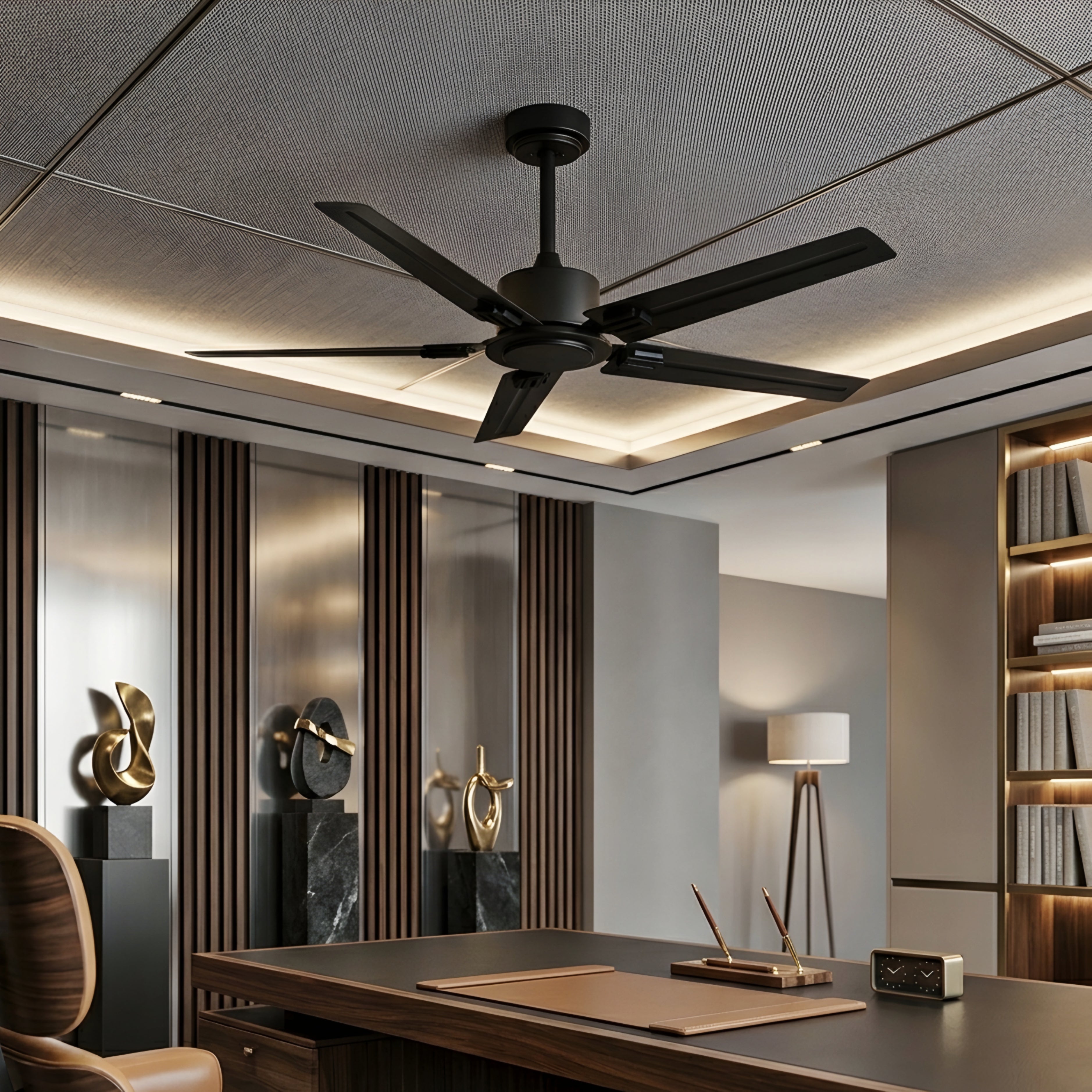 Xylon Industrial Ceiling Fan – Black Metal Five Blade Modern Quiet Downrod Living Room Bedroom