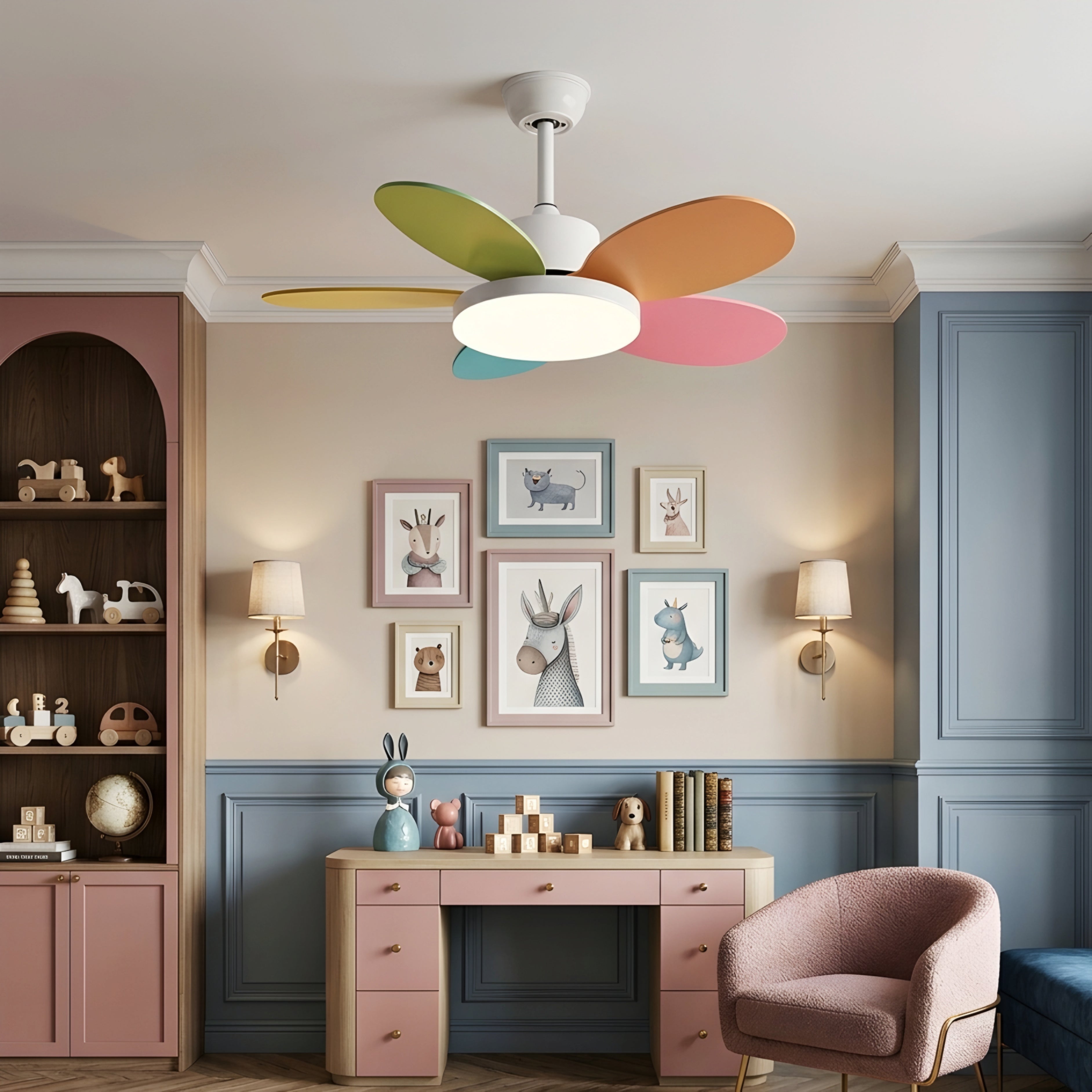 Petali Bloom Ceiling Fan – LED Light Modern Colorful Blade Kids Bedroom Living Room Nursery Decorative