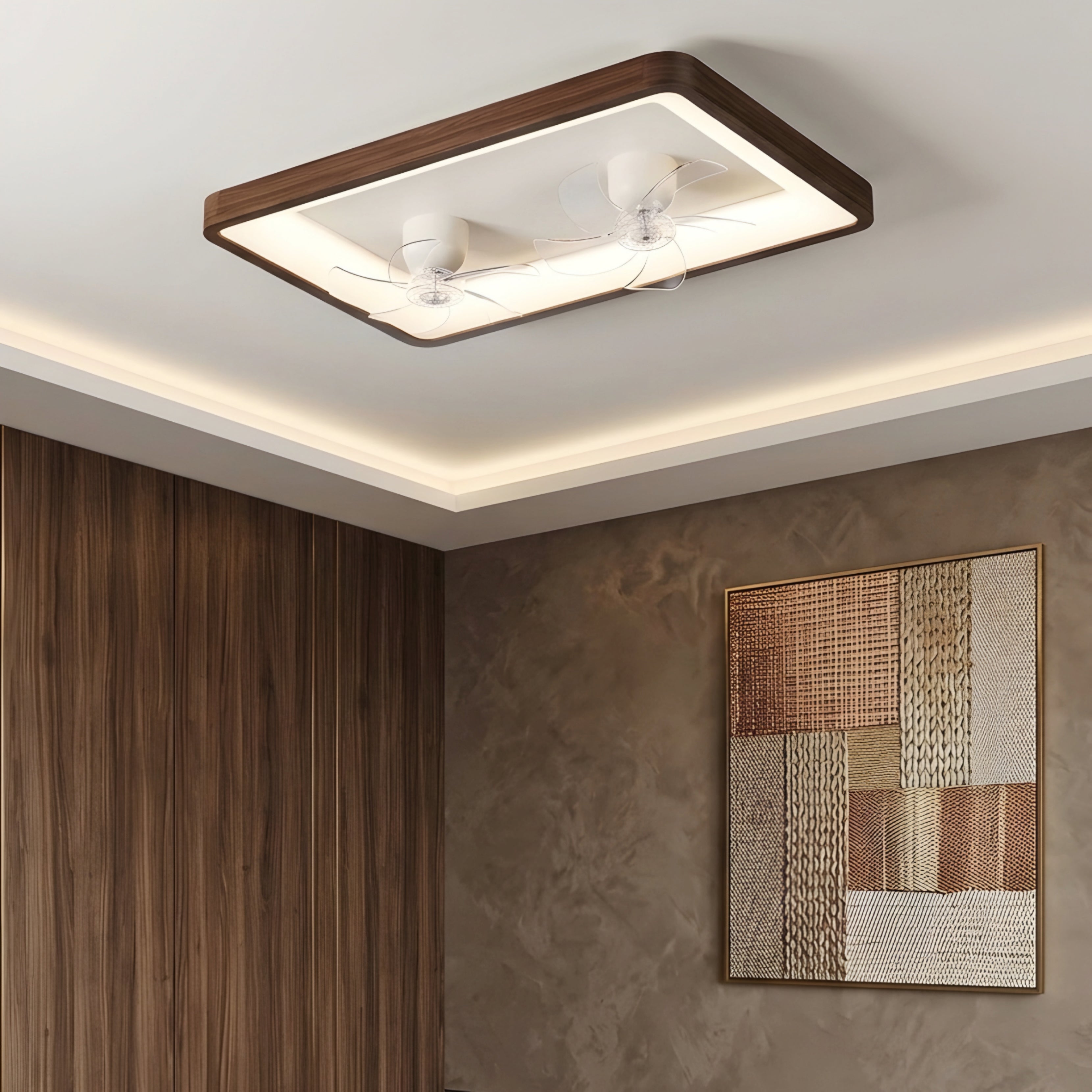 Breeze Walnut Ceiling Fan Light – LED Flush Mount Wood Frame Decorative Lighting Living Room Bedroom