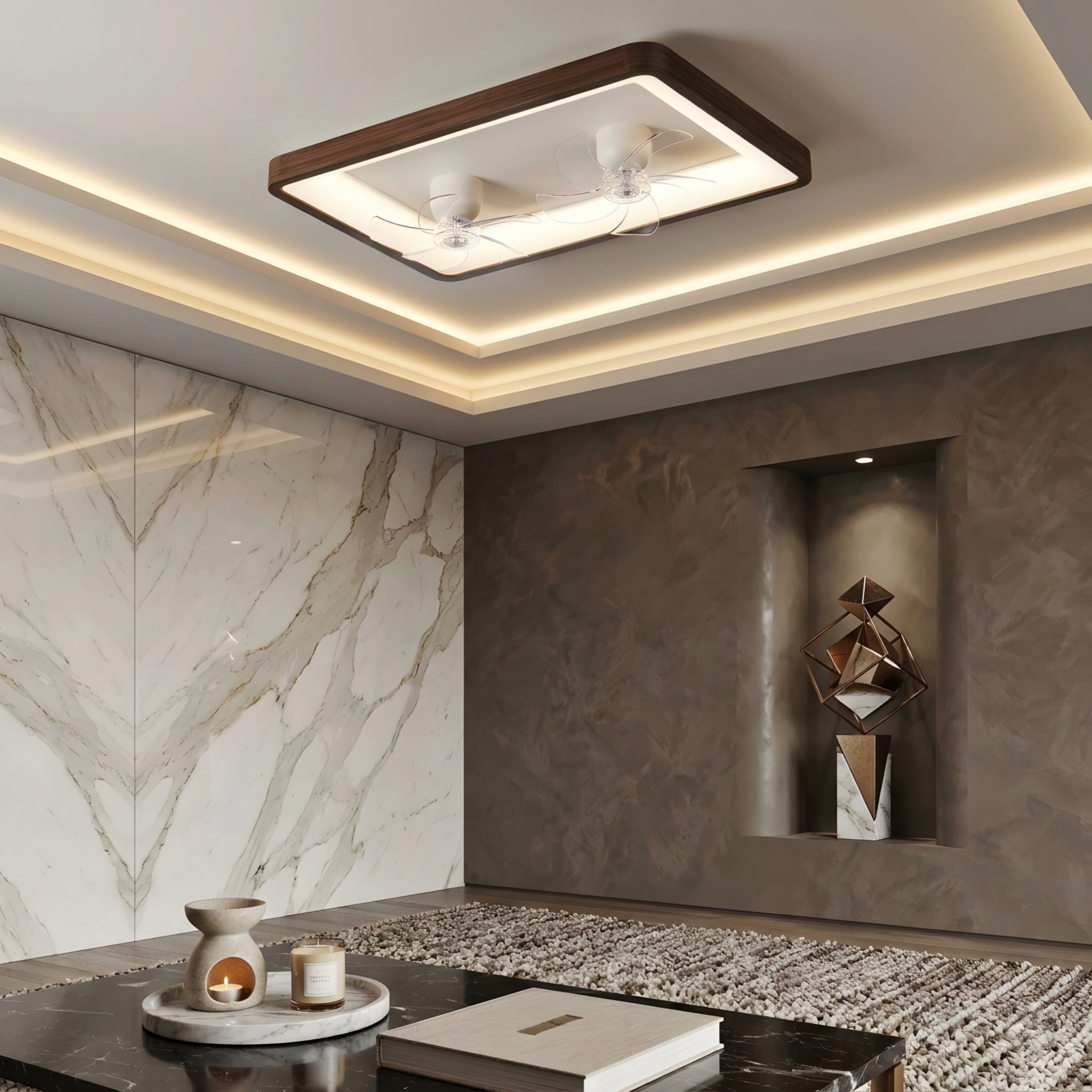 Breeze Walnut Ceiling Fan Light – LED Flush Mount Wood Frame Decorative Lighting Living Room Bedroom