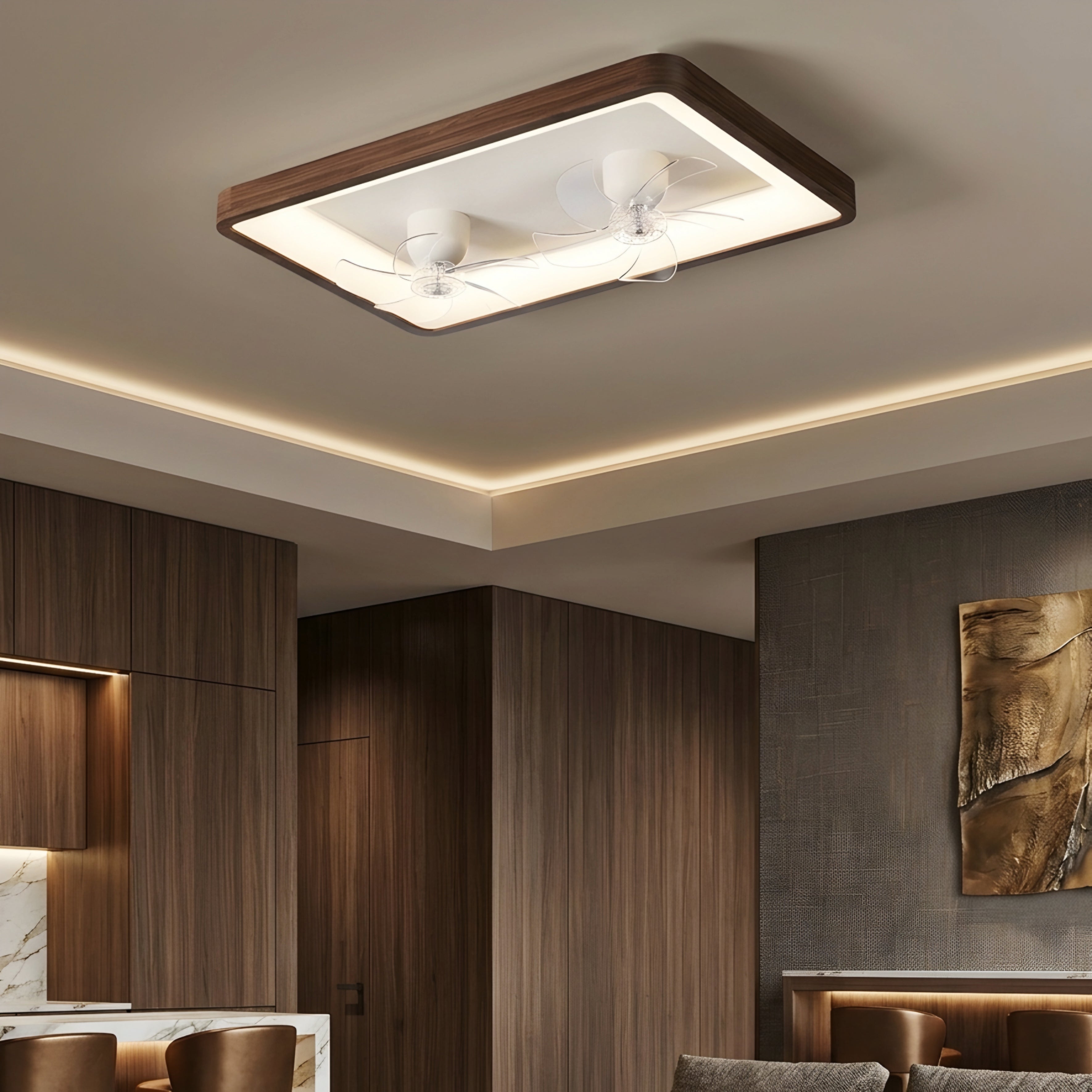 Breeze Walnut Ceiling Fan Light – LED Flush Mount Wood Frame Decorative Lighting Living Room Bedroom