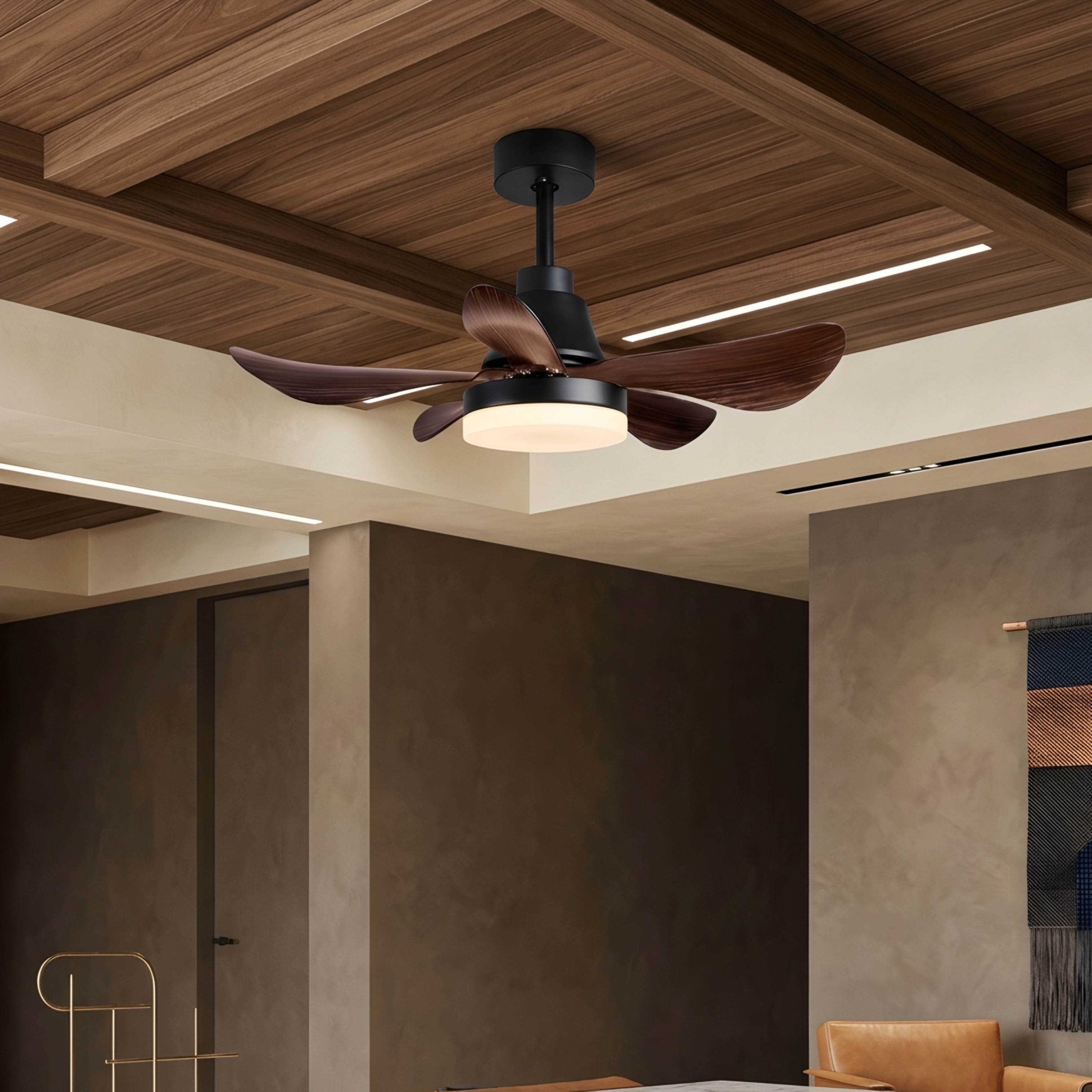 Corvain Wave Ceiling Fan – LED Light Modern Black Wood Blade Bedroom Living Room Decorative Lighting