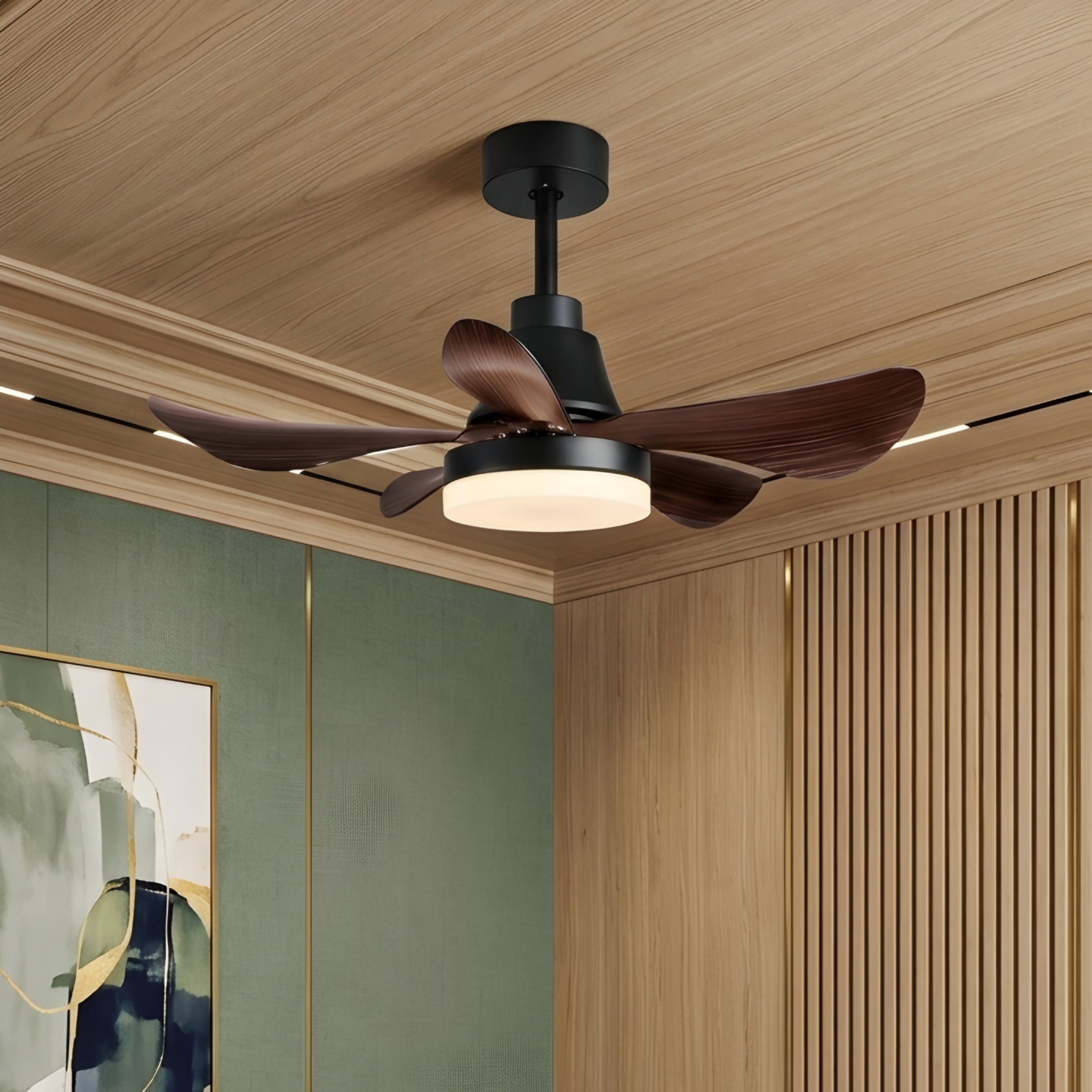 Corvain Wave Ceiling Fan – LED Light Modern Black Wood Blade Bedroom Living Room Decorative Lighting