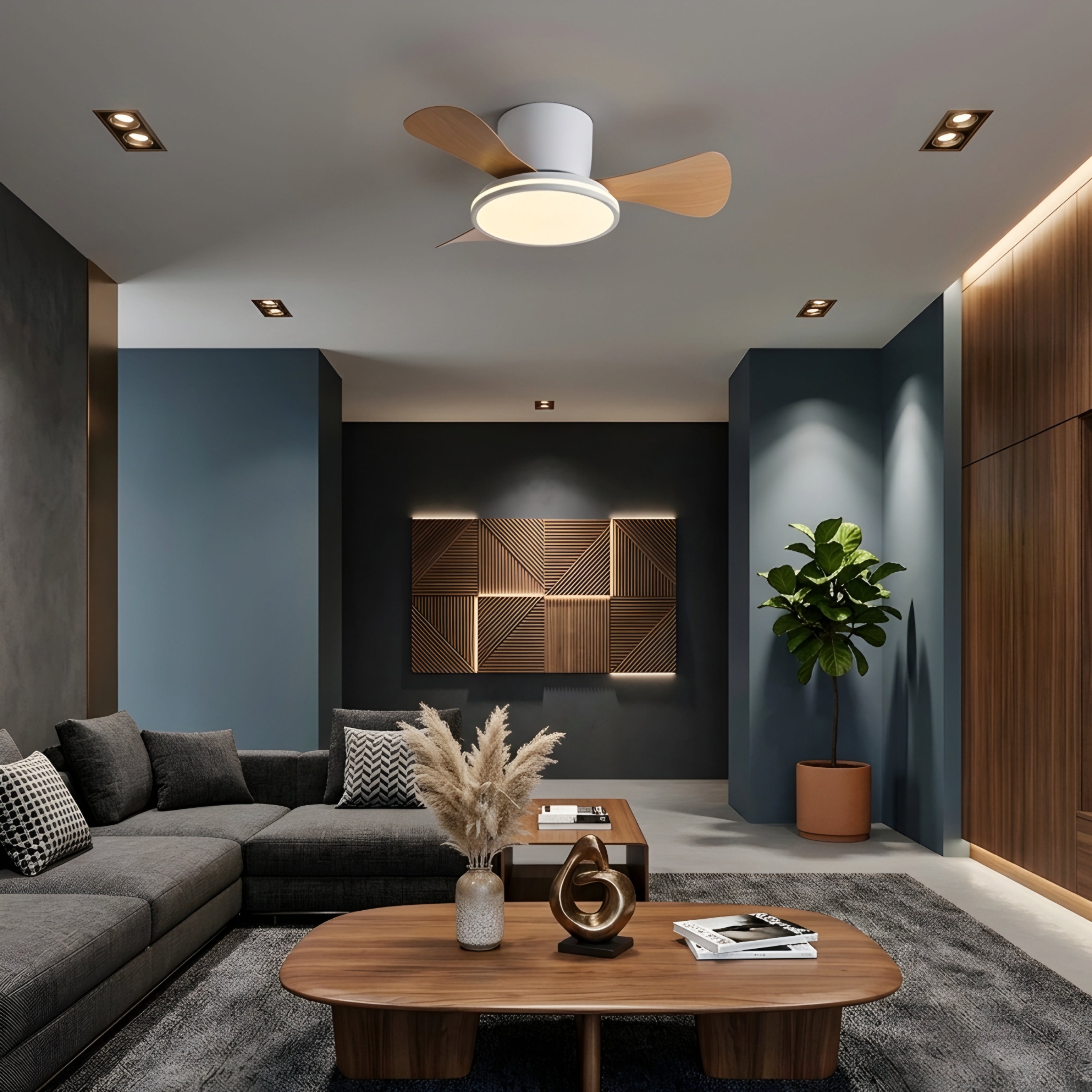 Breva Flush Mount Ceiling Fan – LED Light Integrated Modern Low Profile Wood Blade Bedroom Living Room