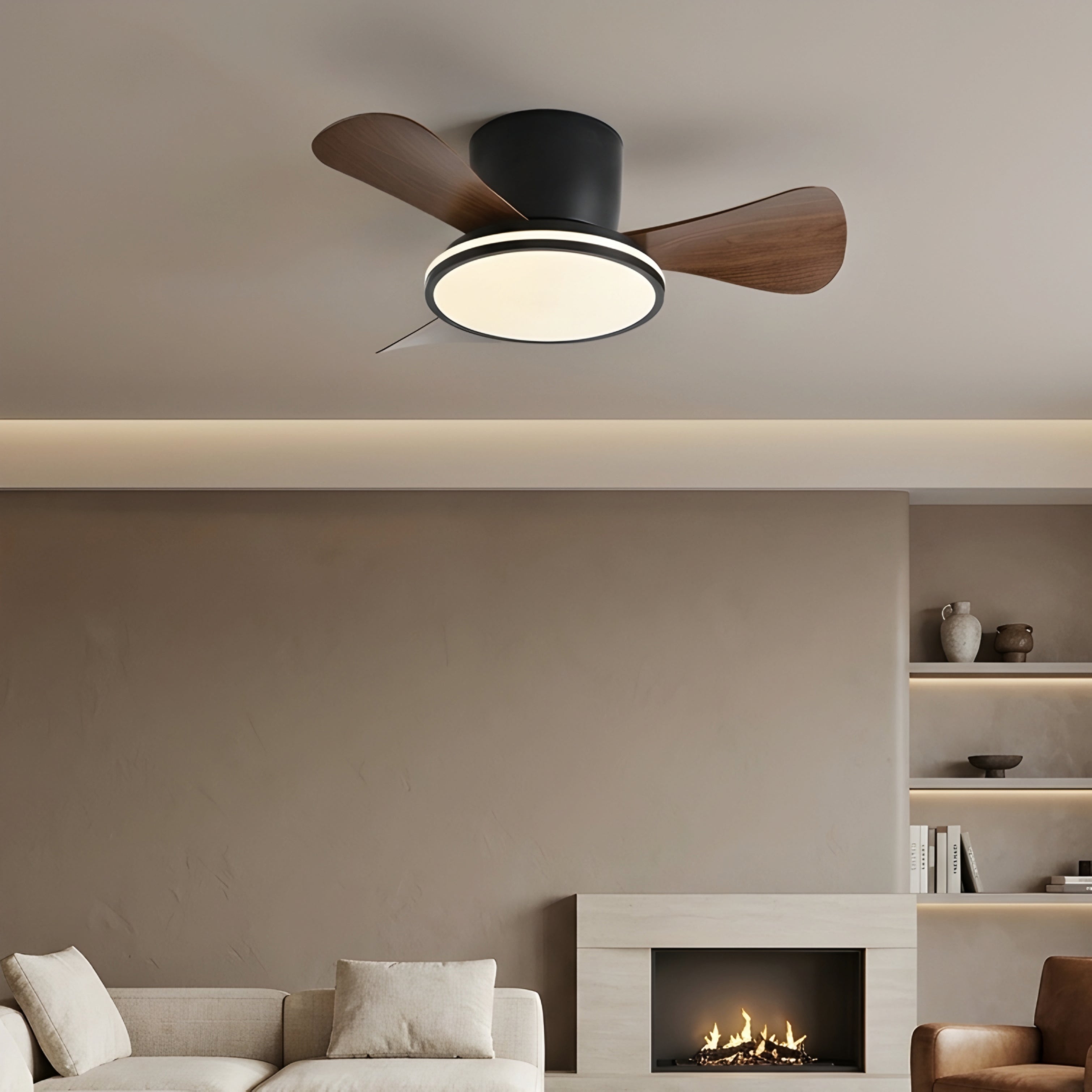 Breva Flush Mount Ceiling Fan – LED Light Integrated Modern Low Profile Wood Blade Bedroom Living Room
