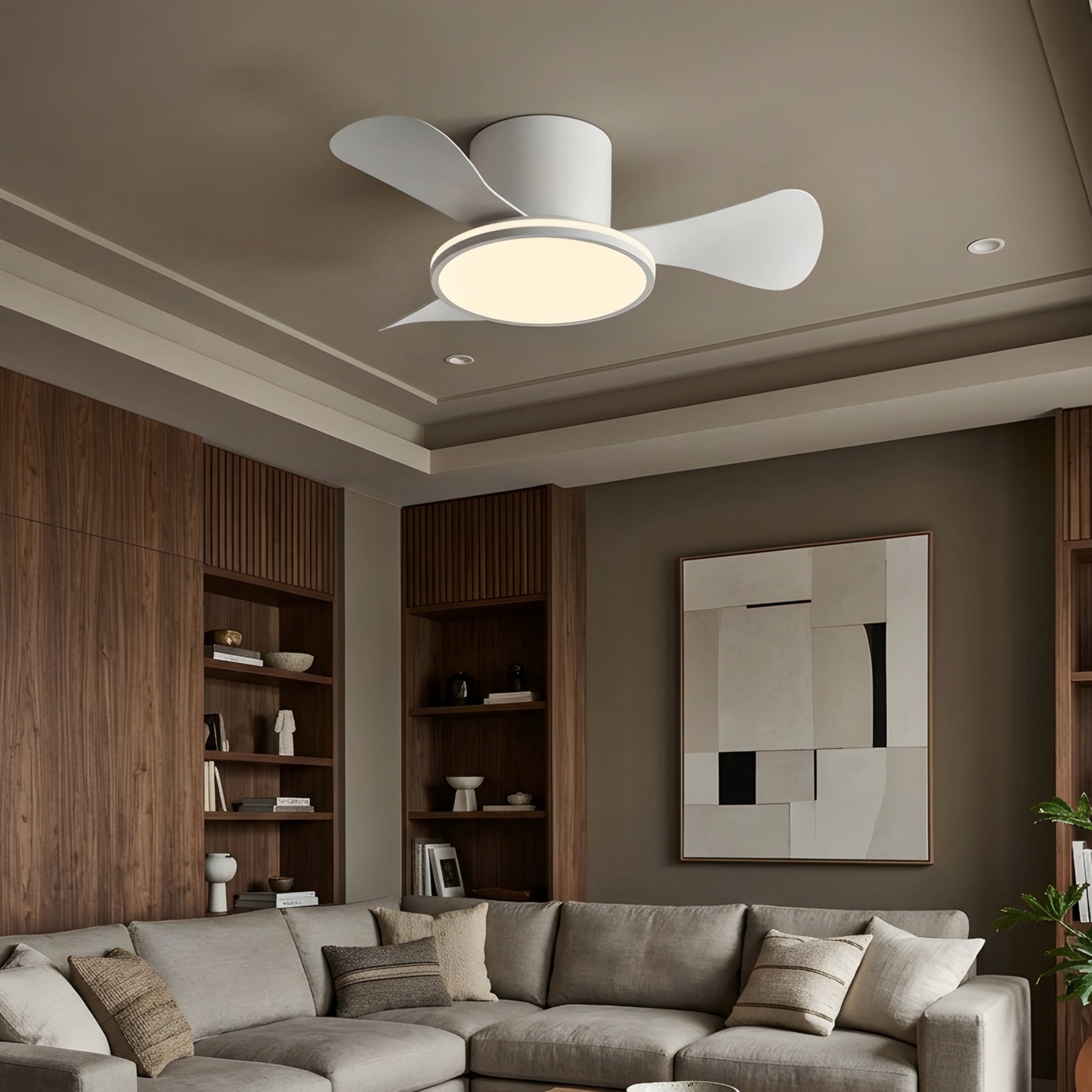 Breva Flush Mount Ceiling Fan – LED Light Integrated Modern Low Profile Wood Blade Bedroom Living Room