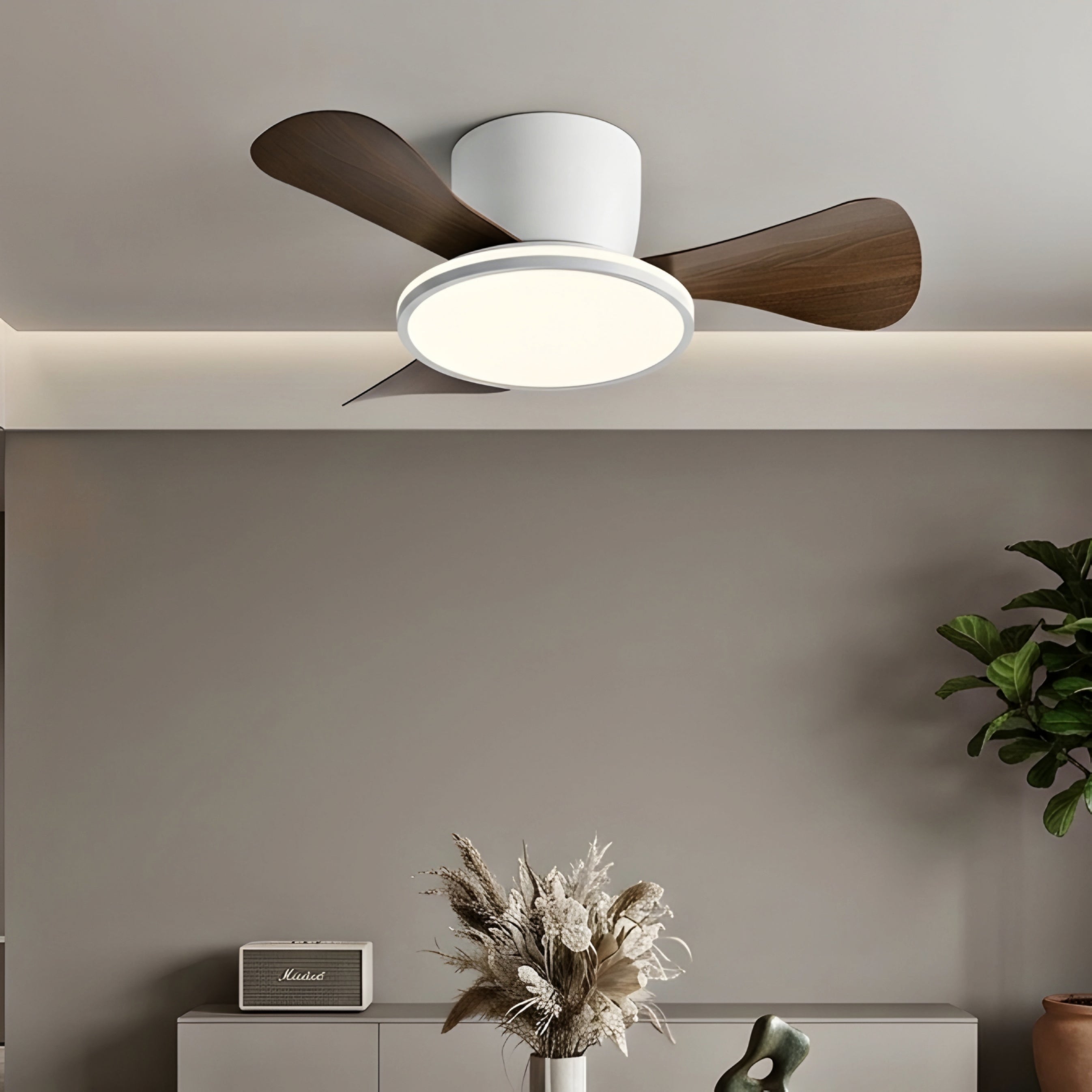 Breva Flush Mount Ceiling Fan – LED Light Integrated Modern Low Profile Wood Blade Bedroom Living Room