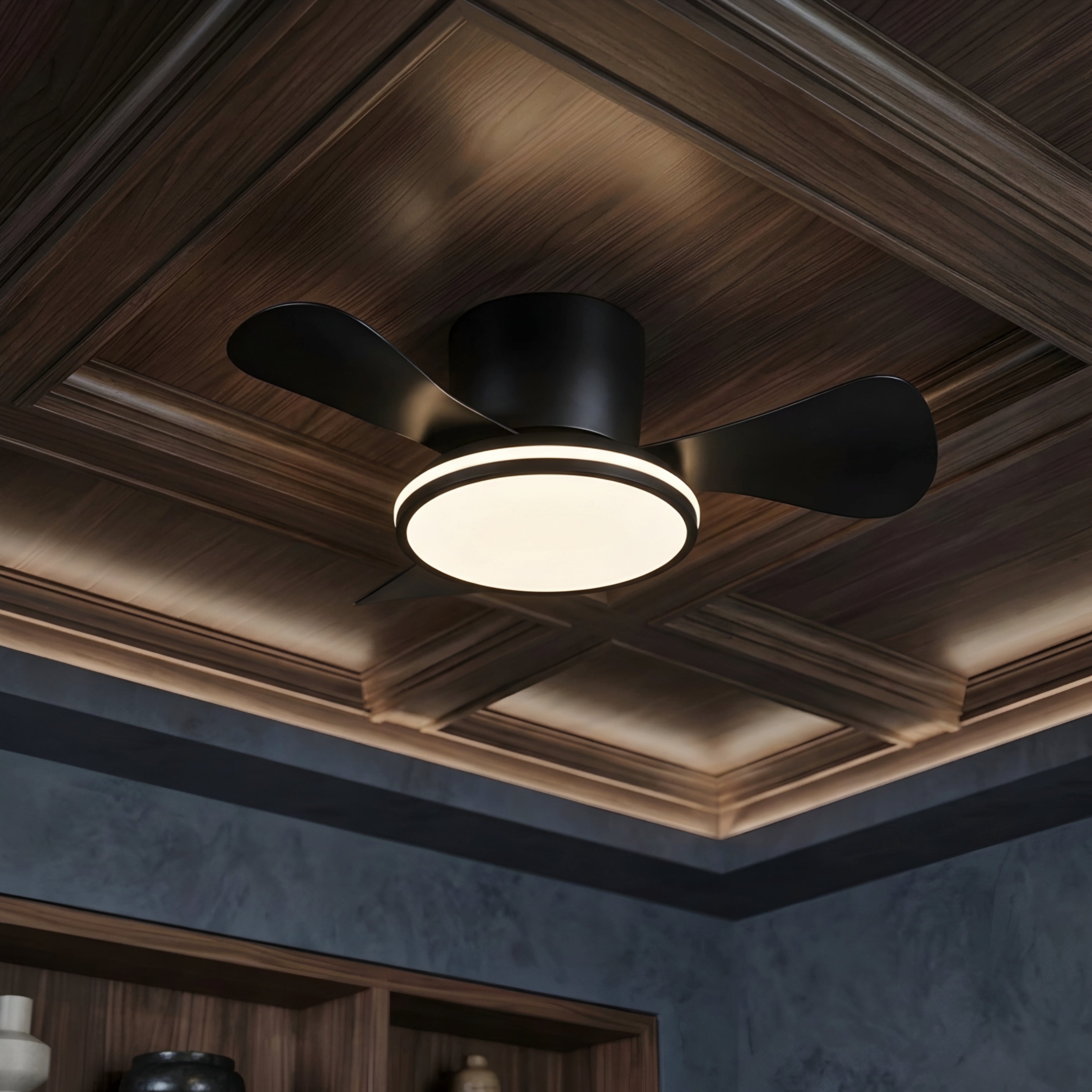 Breva Flush Mount Ceiling Fan – LED Light Integrated Modern Low Profile Wood Blade Bedroom Living Room