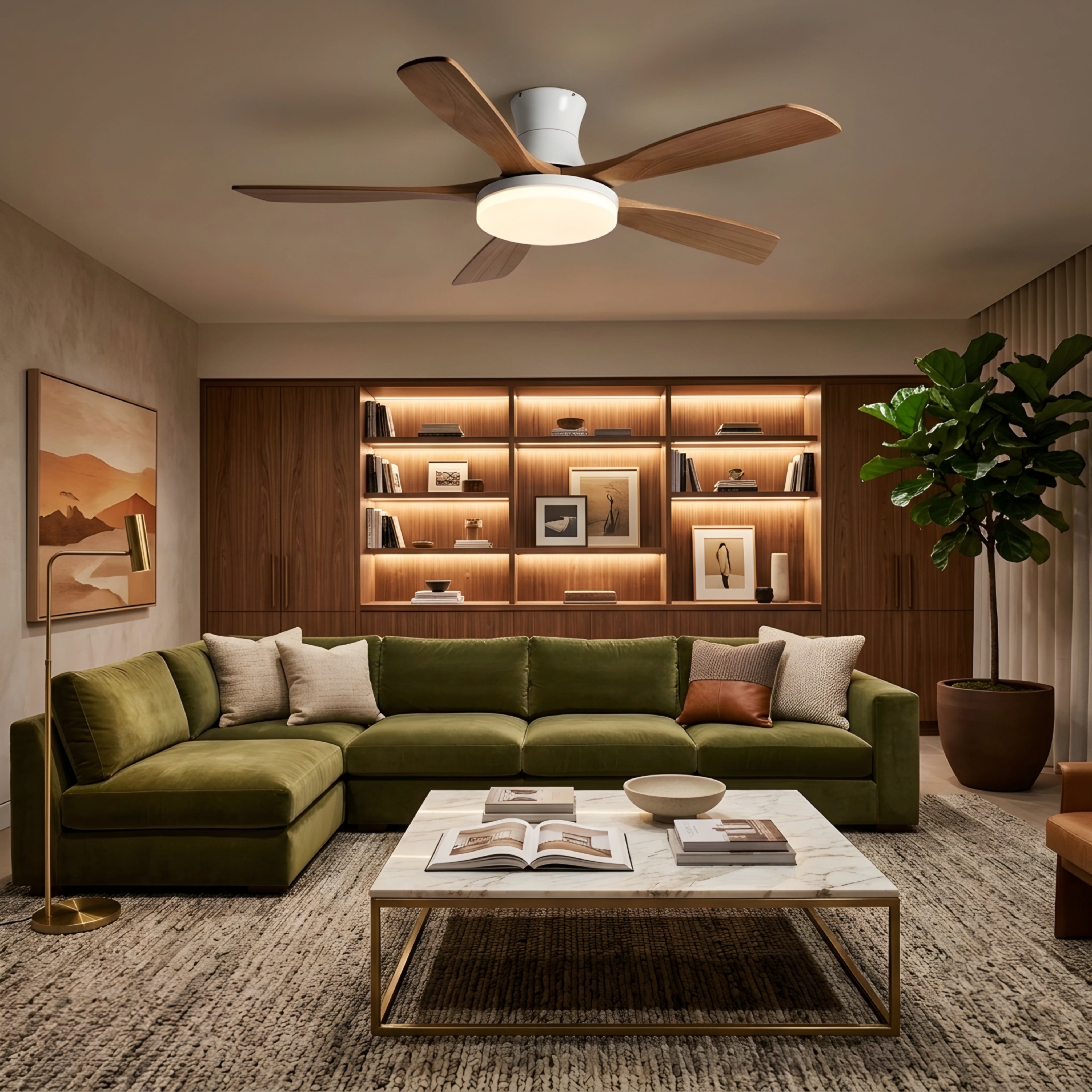 Venara Flush Mount Ceiling Fan – LED Light Low Profile Wood Blade Modern Bedroom Living Room