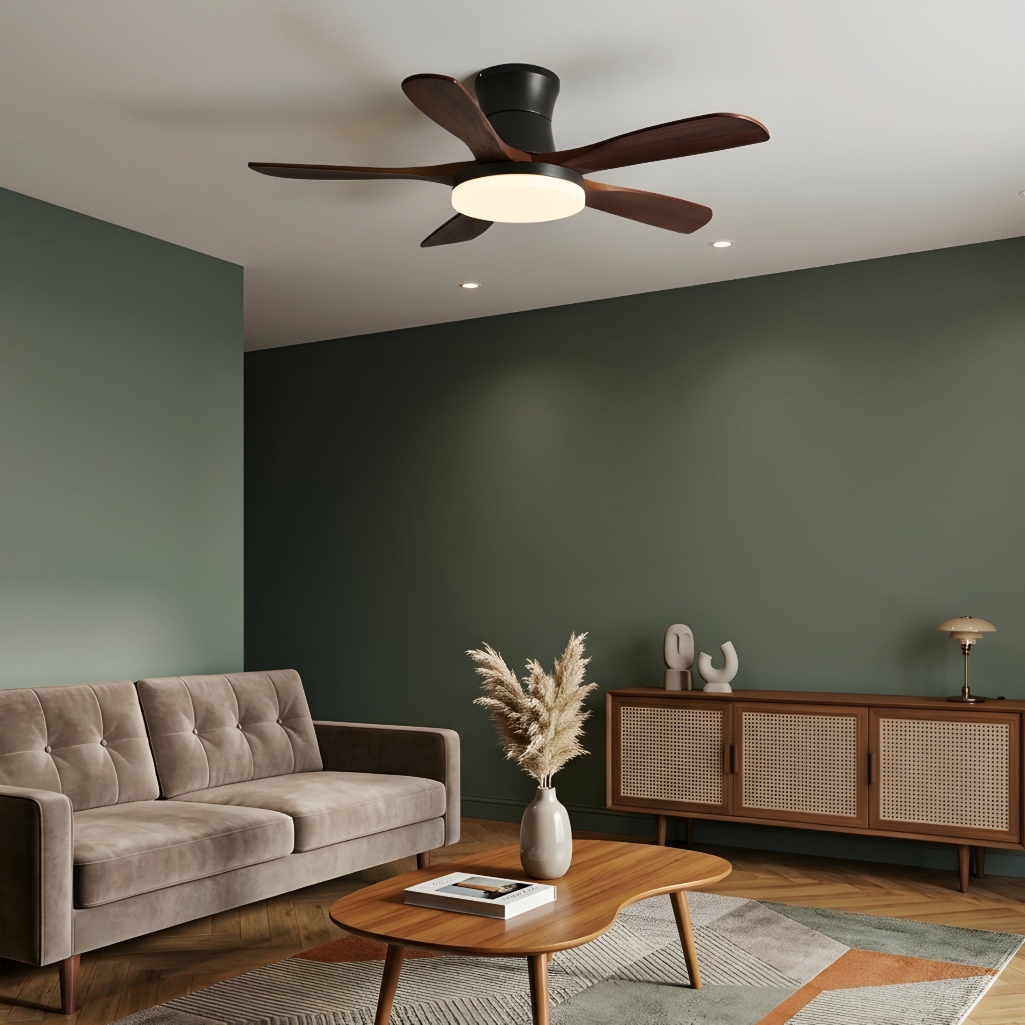 Venara Flush Mount Ceiling Fan – LED Light Low Profile Wood Blade Modern Bedroom Living Room