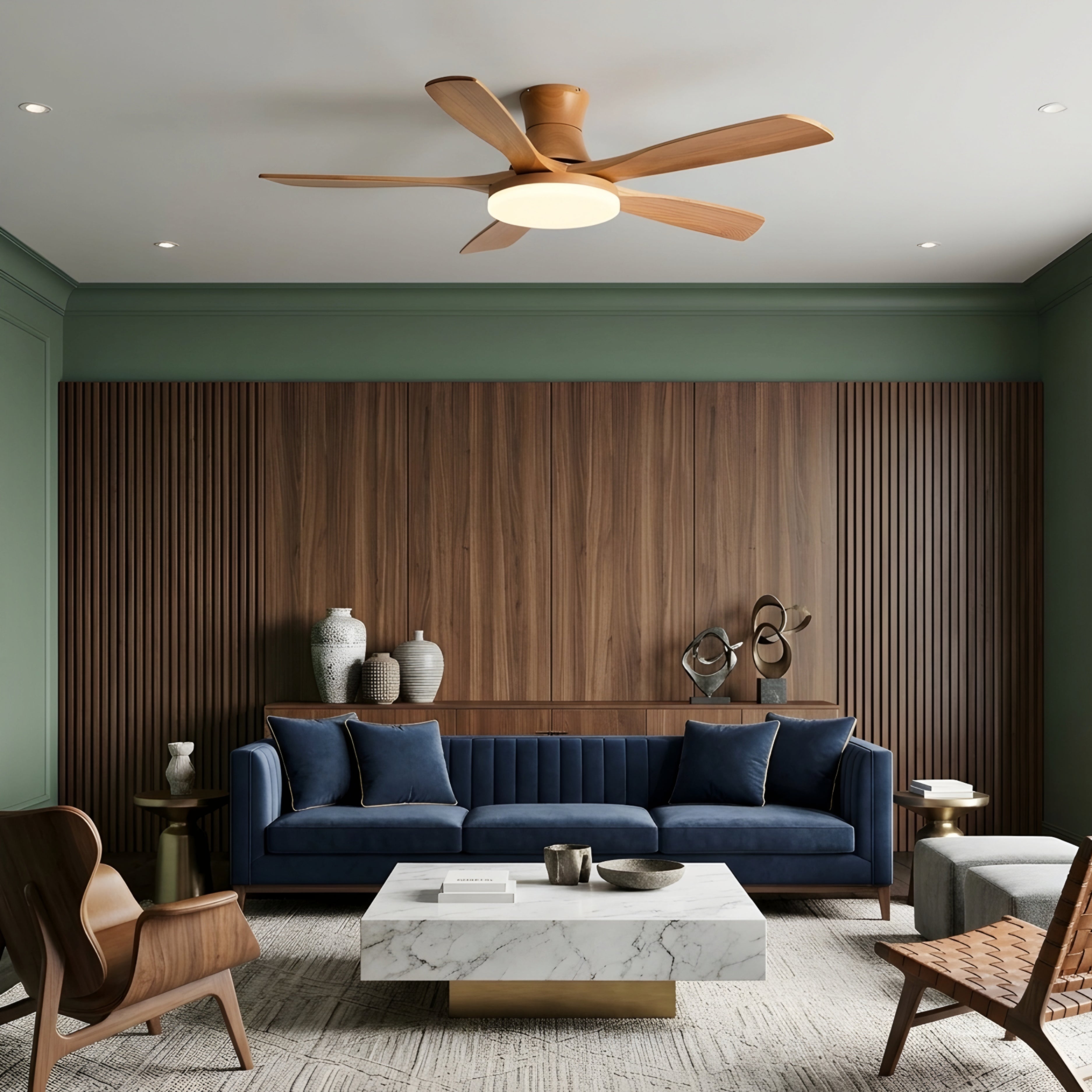 Venara Flush Mount Ceiling Fan – LED Light Low Profile Wood Blade Modern Bedroom Living Room