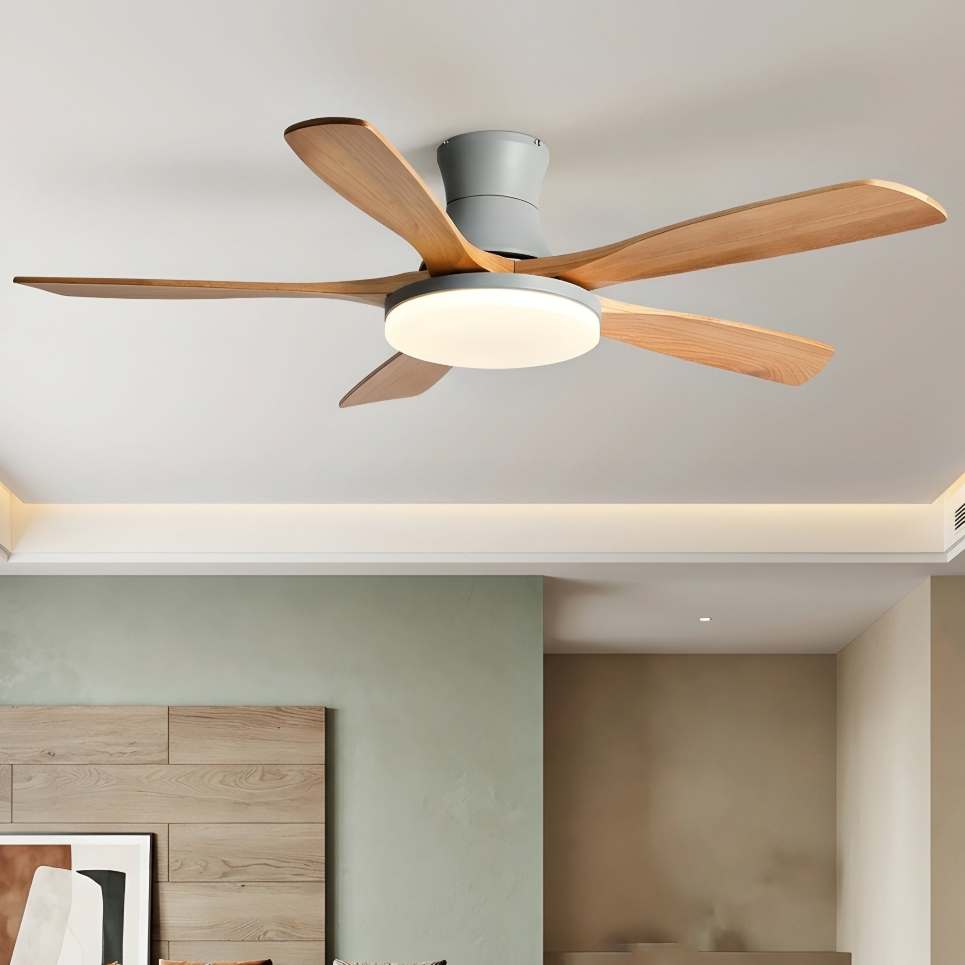 Venara Flush Mount Ceiling Fan – LED Light Low Profile Wood Blade Modern Bedroom Living Room