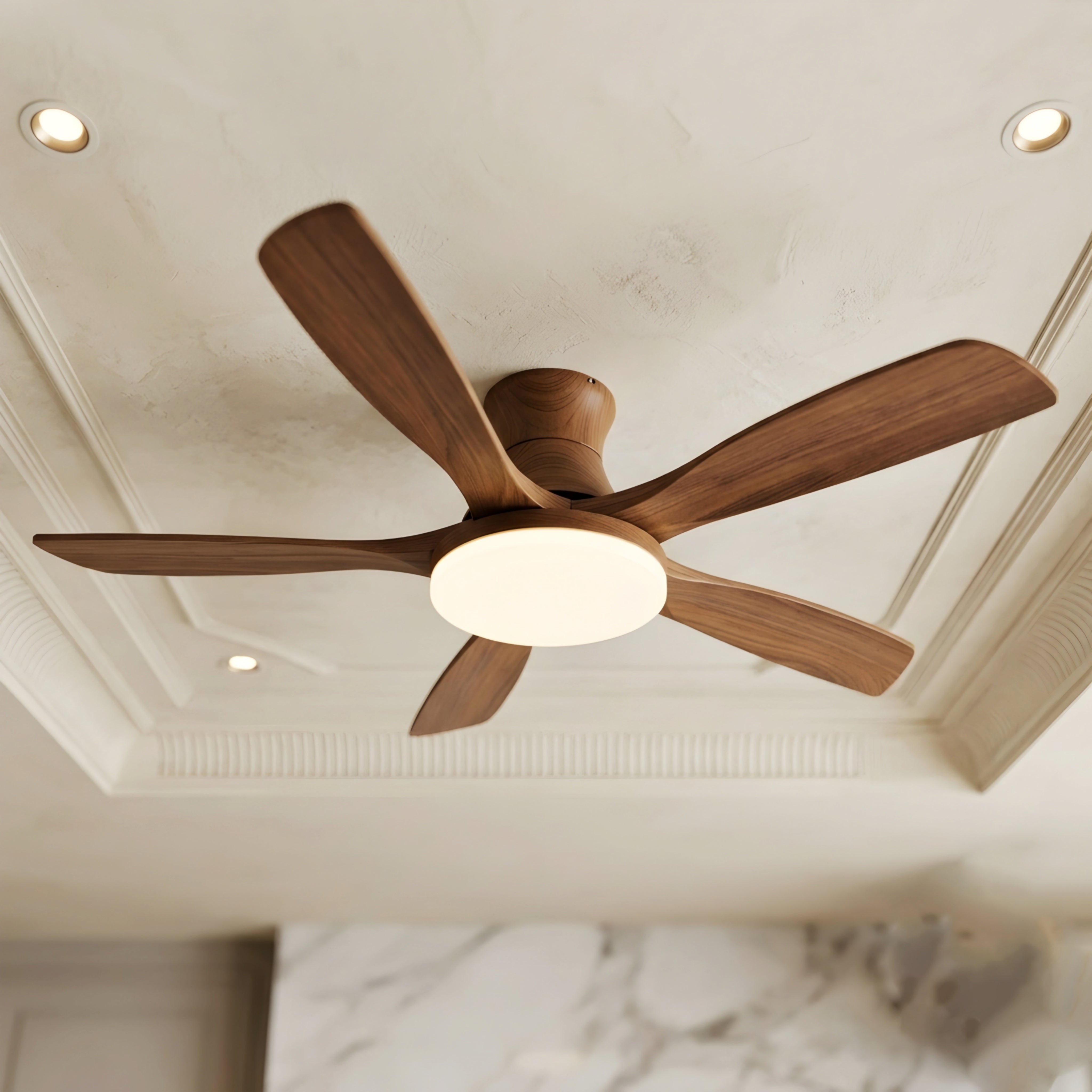Venara Flush Mount Ceiling Fan – LED Light Low Profile Wood Blade Modern Bedroom Living Room