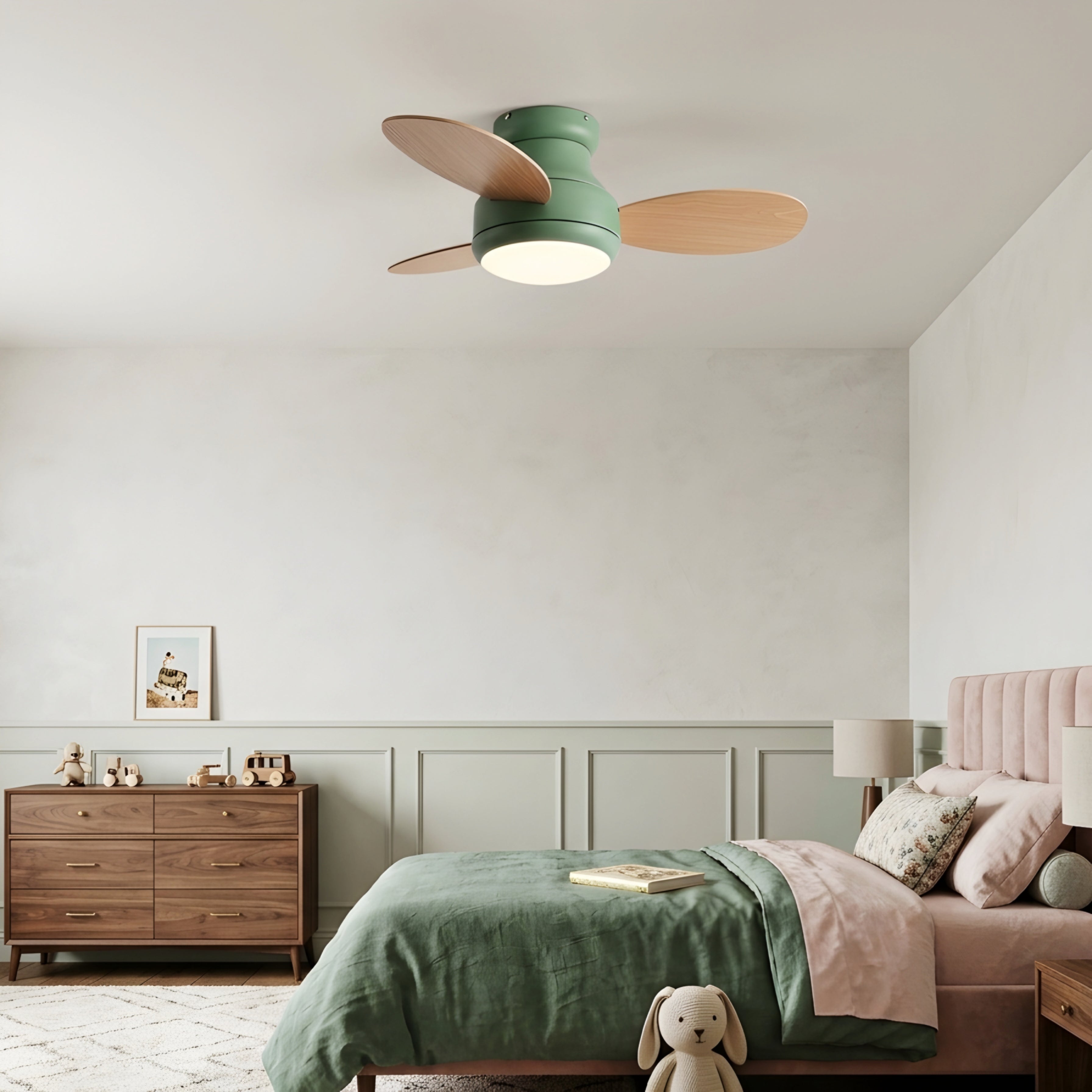 Verdien Flush Mount Ceiling Fan – Modern Low Profile LED Light Bedroom Living Room Green