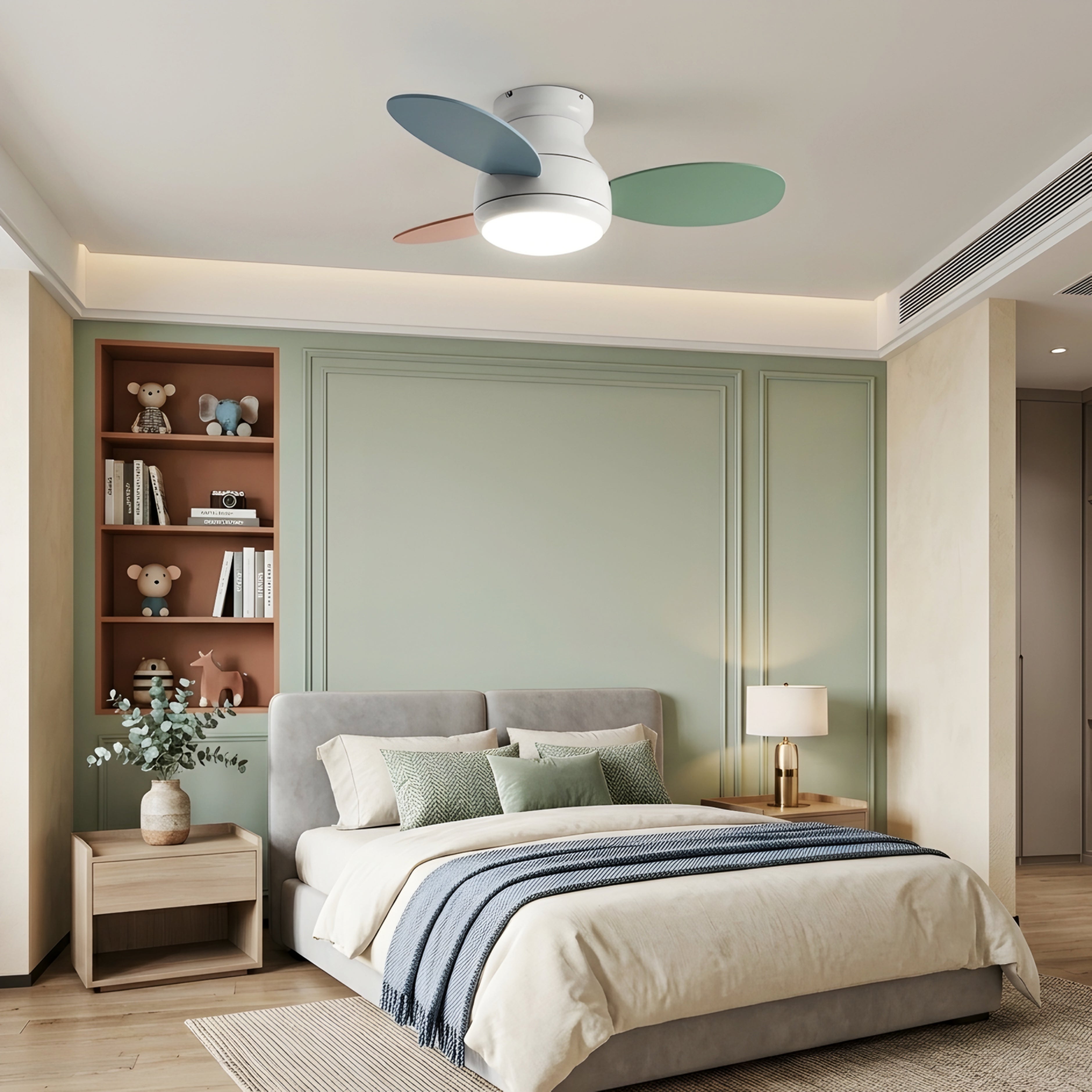Verdien Flush Mount Ceiling Fan – Modern Low Profile LED Light Bedroom Living Room Green