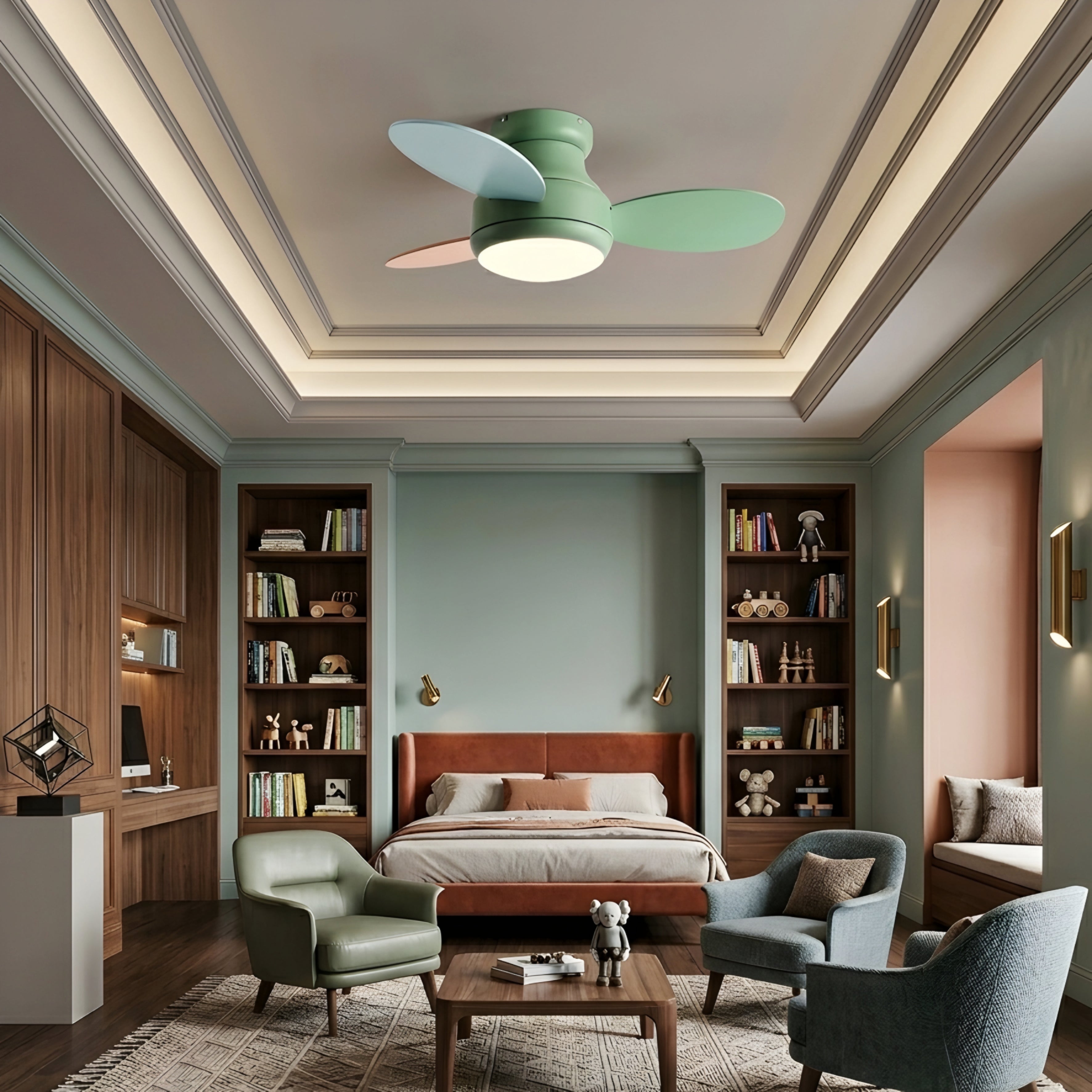 Verdien Flush Mount Ceiling Fan – Modern Low Profile LED Light Bedroom Living Room Green