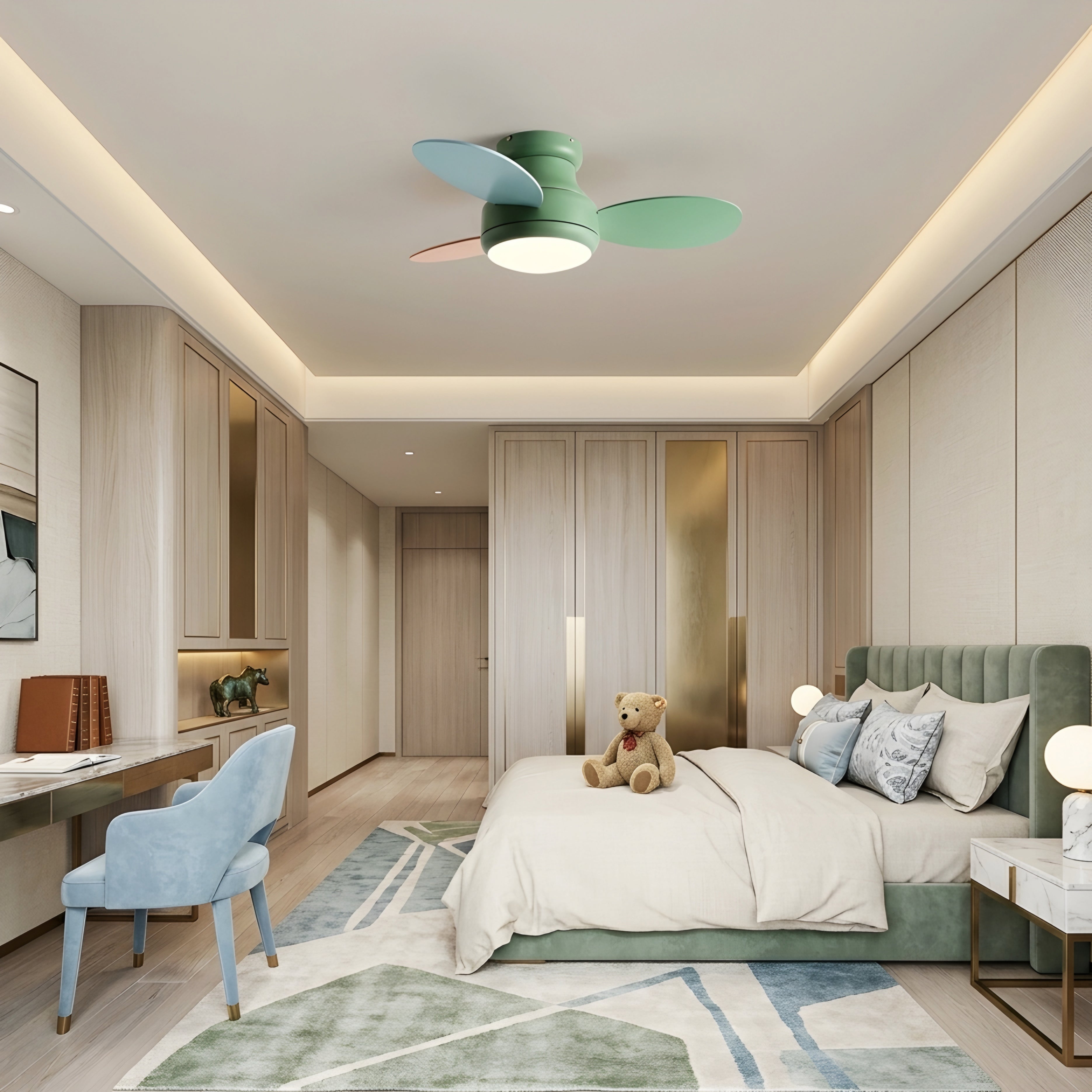 Verdien Flush Mount Ceiling Fan – Modern Low Profile LED Light Bedroom Living Room Green