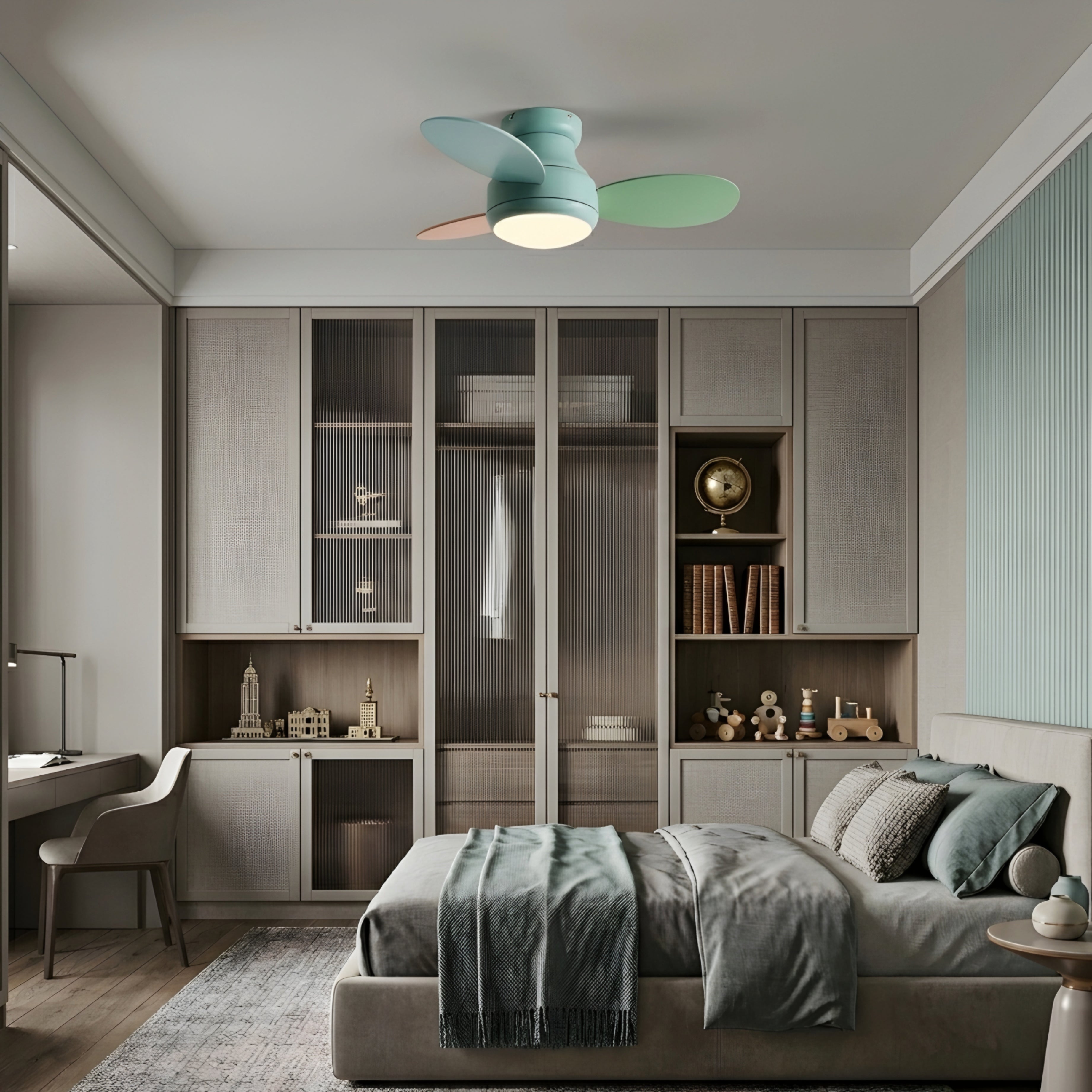 Verdien Flush Mount Ceiling Fan – Modern Low Profile LED Light Bedroom Living Room Green