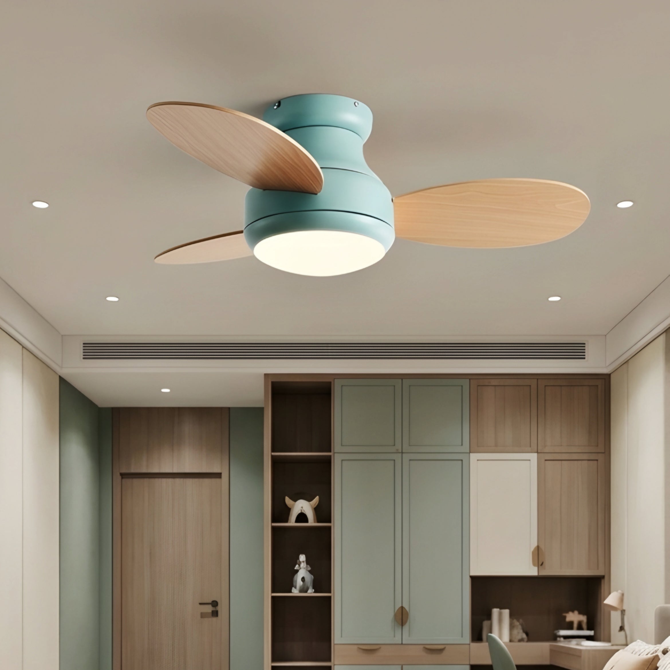 Verdien Flush Mount Ceiling Fan – Modern Low Profile LED Light Bedroom Living Room Green