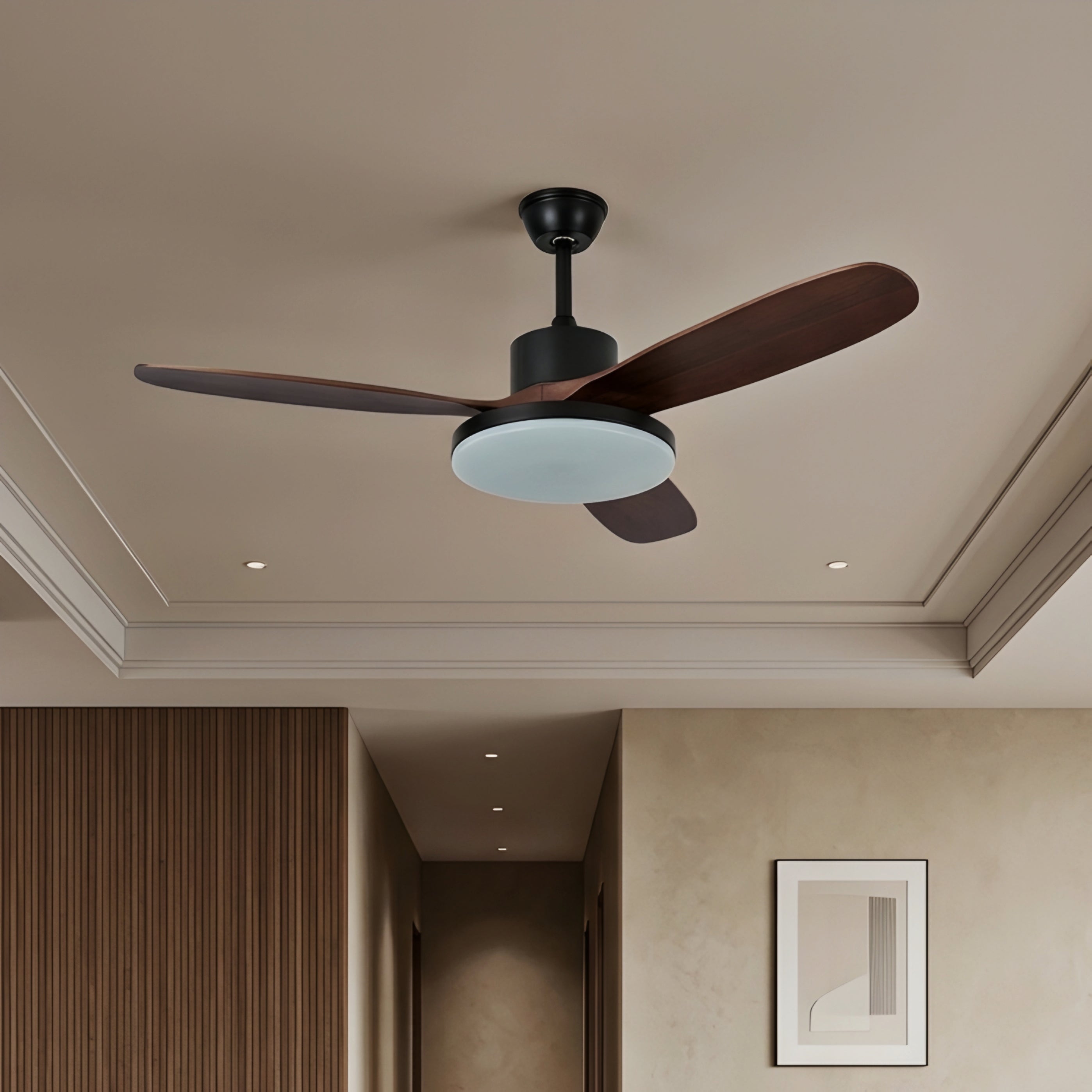 Hexton Modern Ceiling Fan – LED Integrated Light Wood Blade Black Finish Living Room Bedroom Decorative Lighting