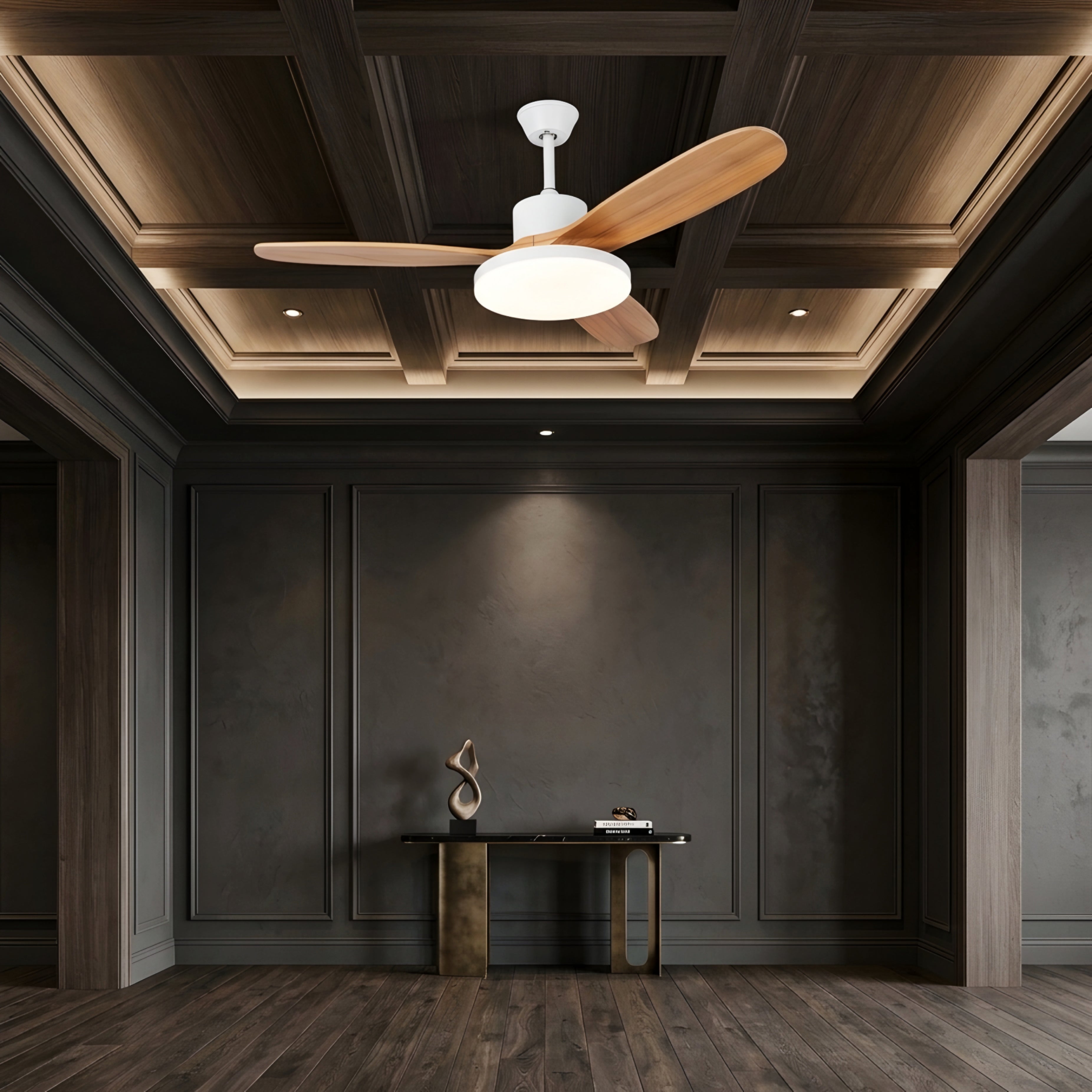 Hexton Modern Ceiling Fan – LED Integrated Light Wood Blade Black Finish Living Room Bedroom Decorative Lighting