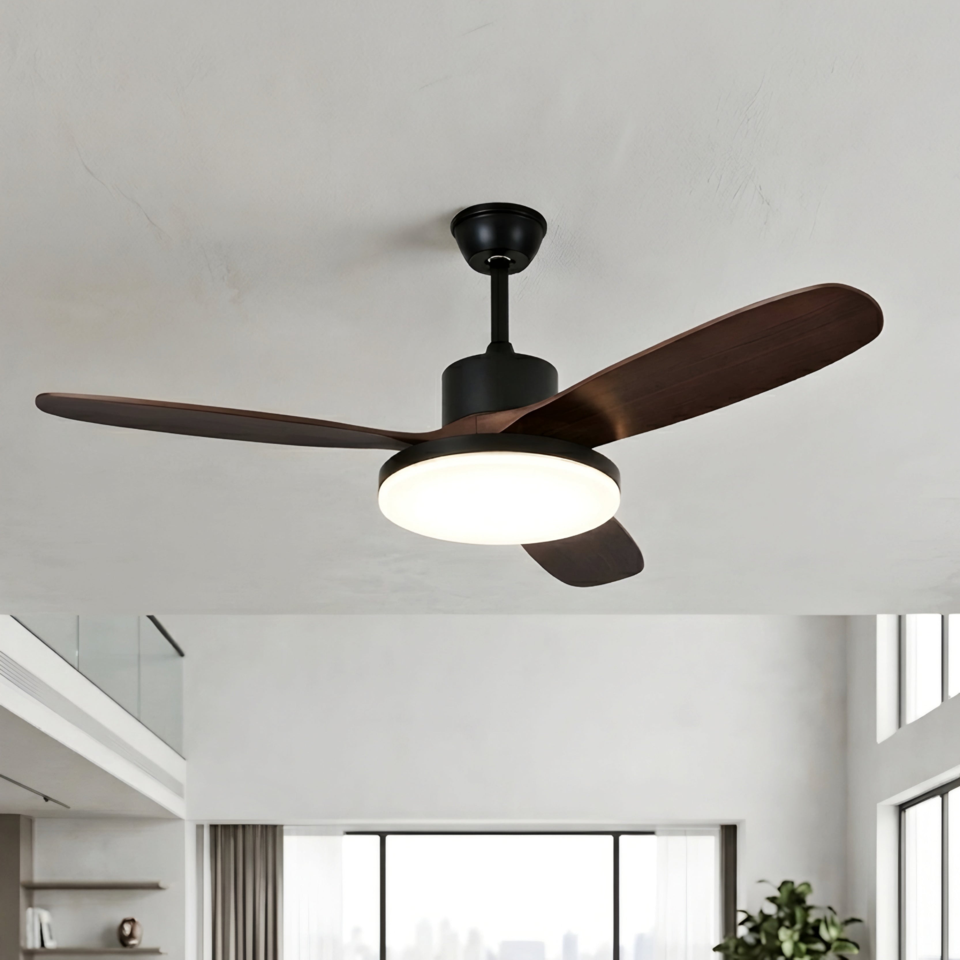 Hexton Modern Ceiling Fan – LED Integrated Light Wood Blade Black Finish Living Room Bedroom Decorative Lighting