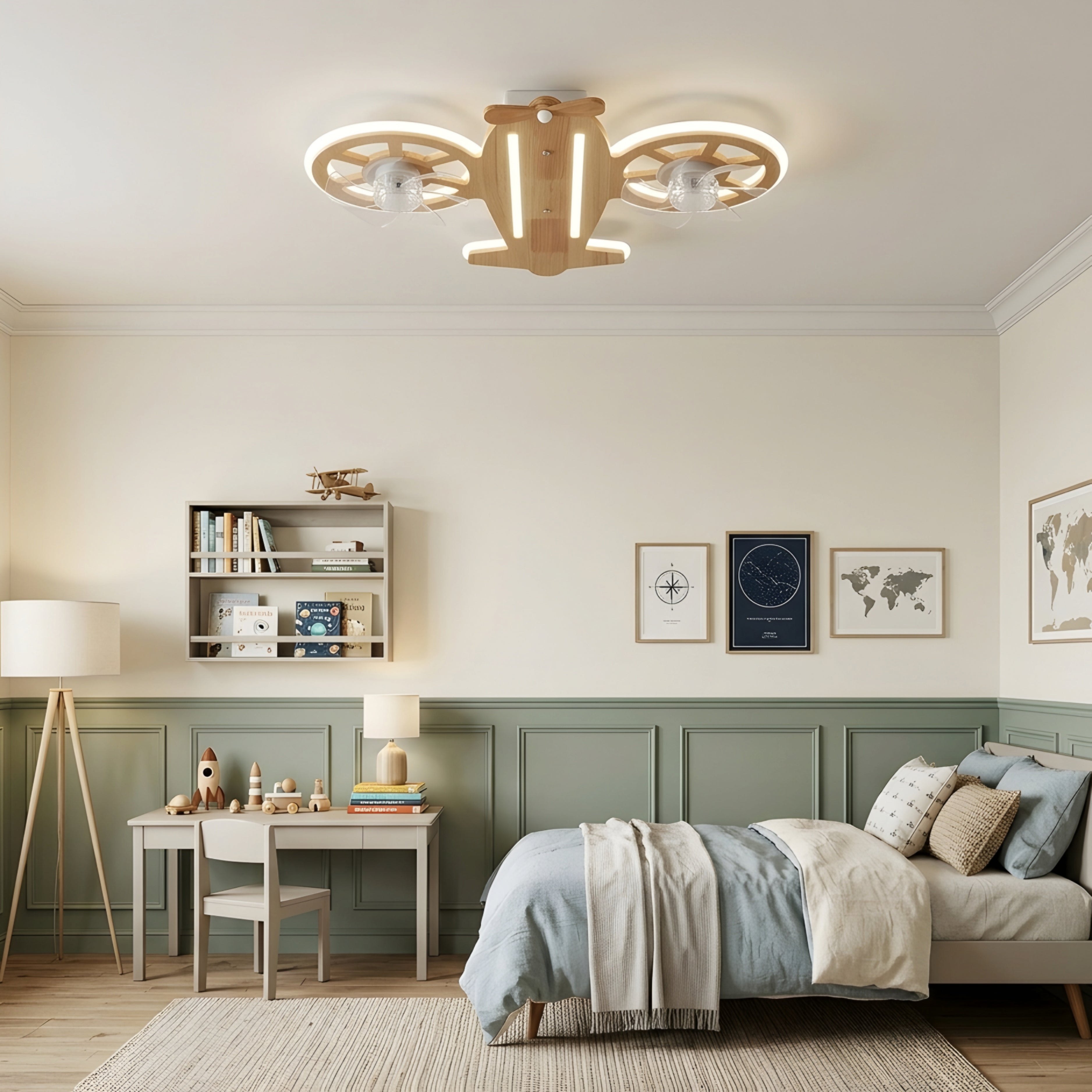 Aerovex Airplane Ceiling Fan Light – Wood Propeller Kids Room Nursery Decorative Lighting Fixture