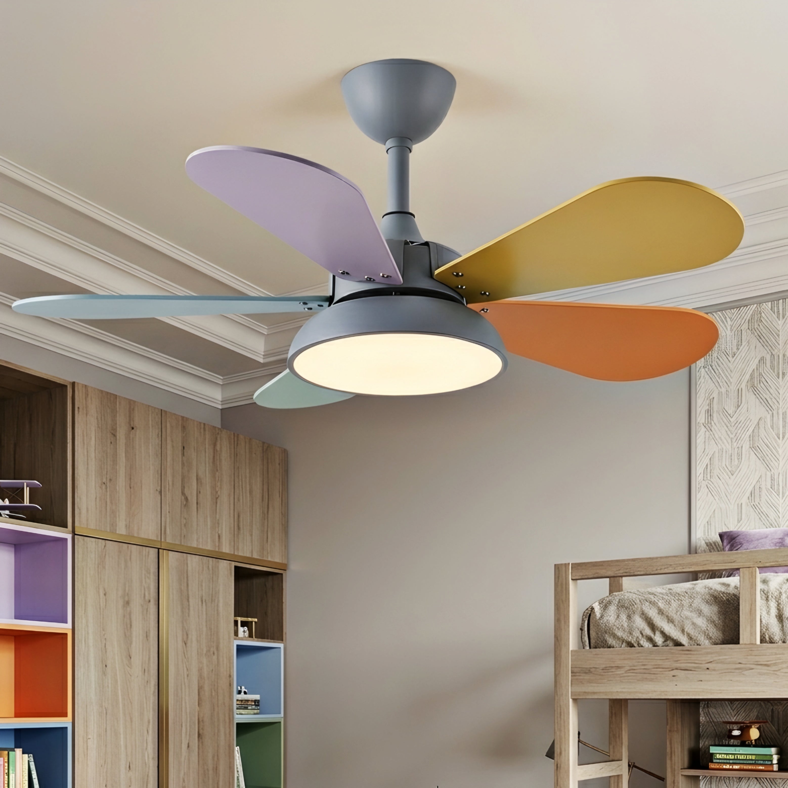 Paletto Multicolor Ceiling Fan – LED Light Kids Bedroom Playroom Modern Remote Control Quiet
