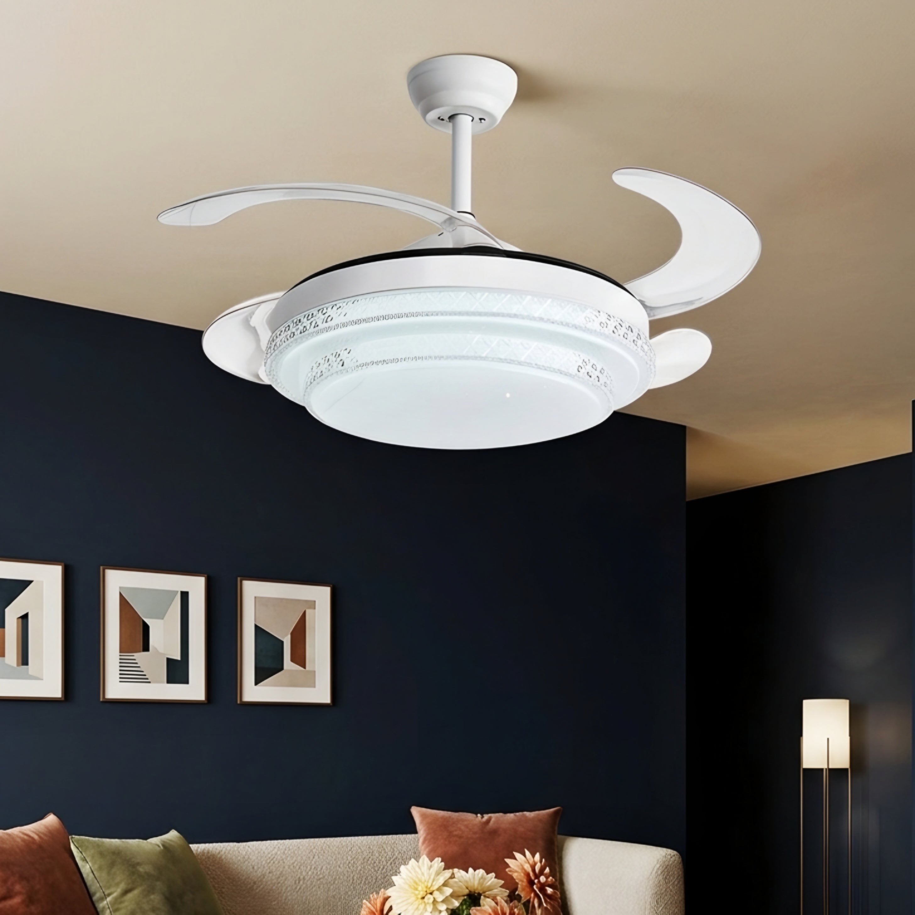 Virell Crystal Ceiling Fan Light – Retractable Blades LED Modern White Decorative Lighting Fixture