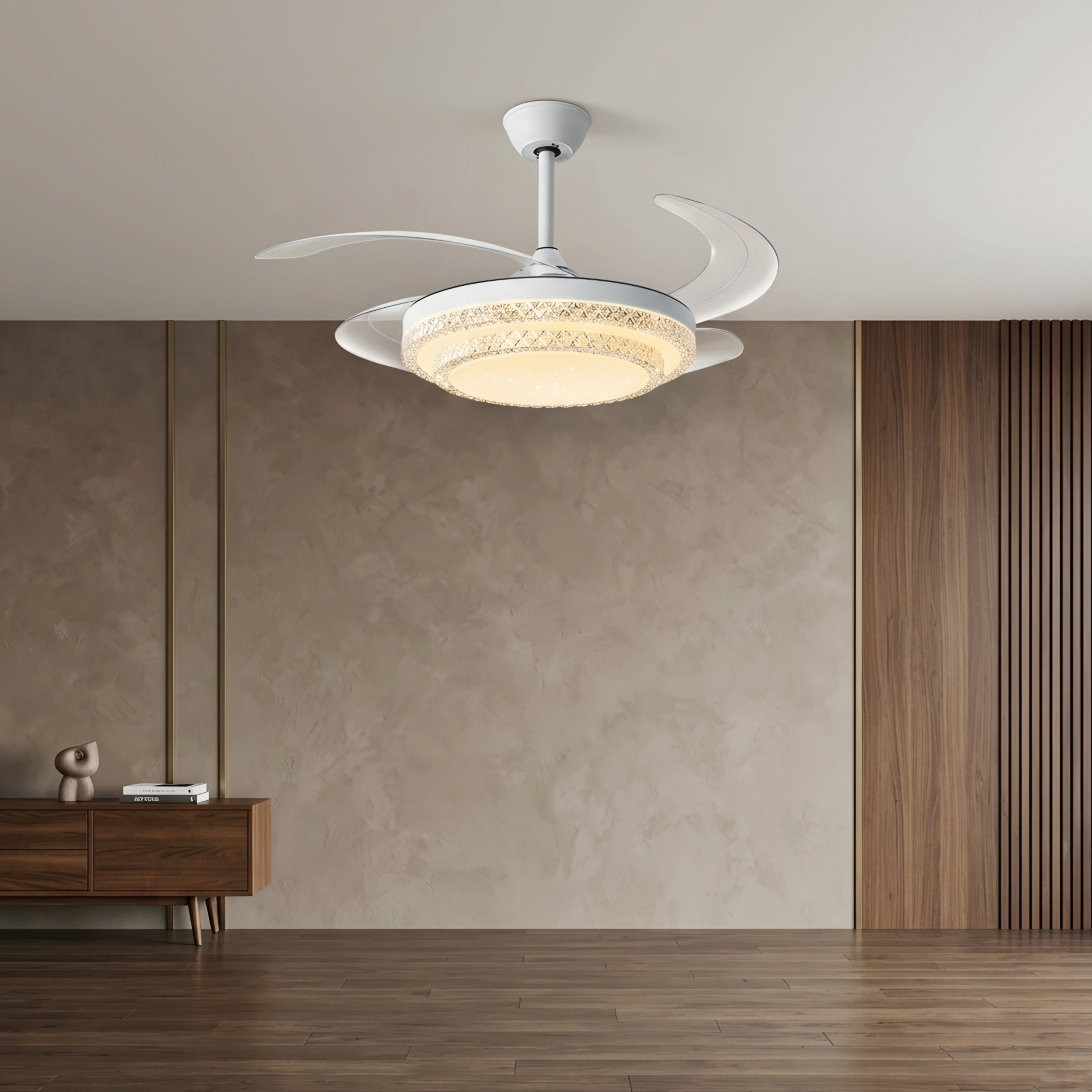 Virell Crystal Ceiling Fan Light – Retractable Blades LED Modern White Decorative Lighting Fixture